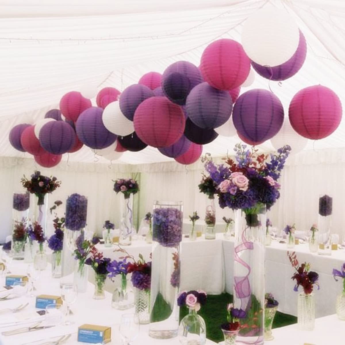 UNIQOOO 18PCS Paper Lantern Set, Royal Purple, Easy Assemble, Hanging Decor for Weddings, Parties, Home, Outdoor, Model 05PLKD-PURSET-18P