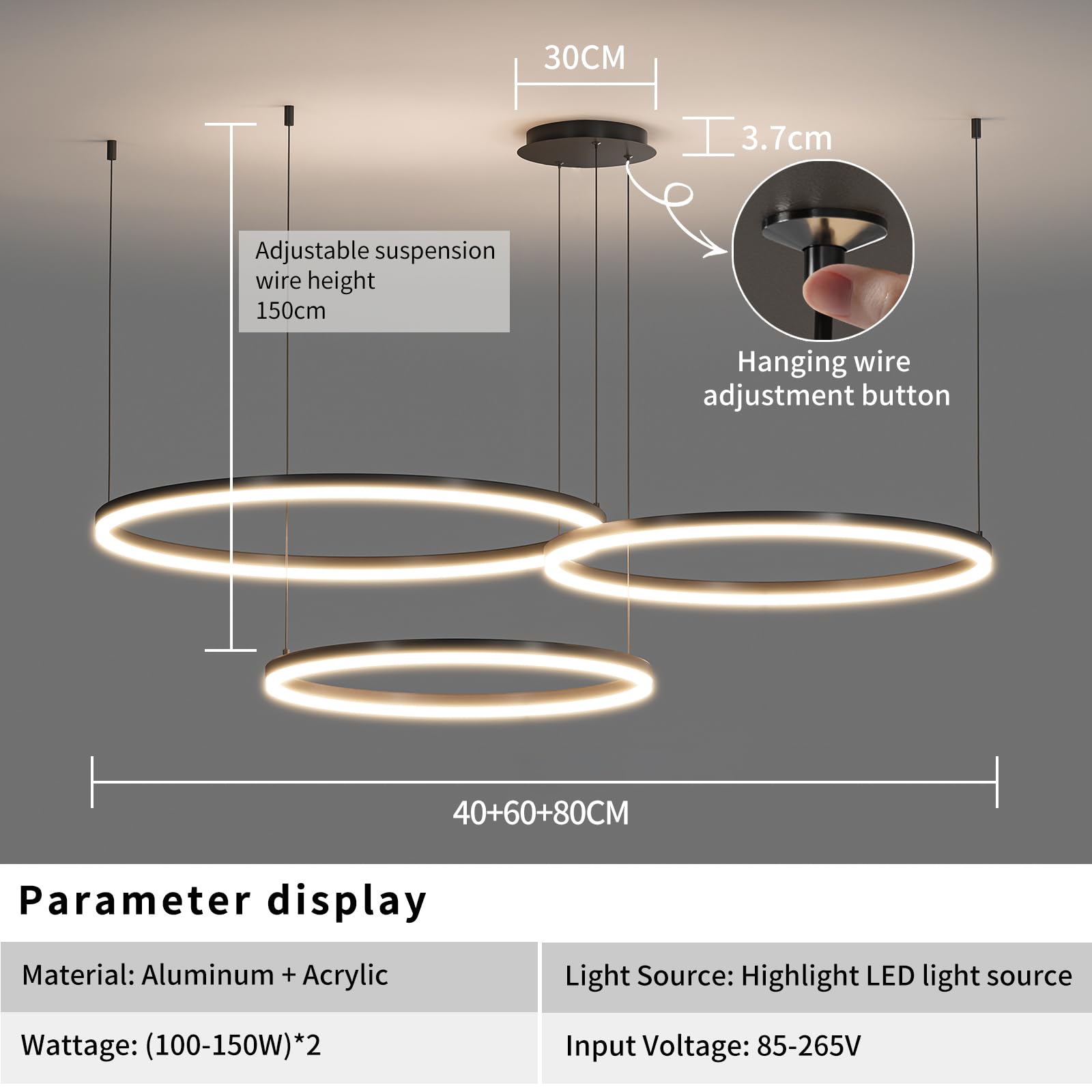 Matven Modern Dimmable Chandelier Light, Remote Control, 3 Color Modes, 15.7+23.6+31.4in, Black, Model KD-YX, Acrylic Material