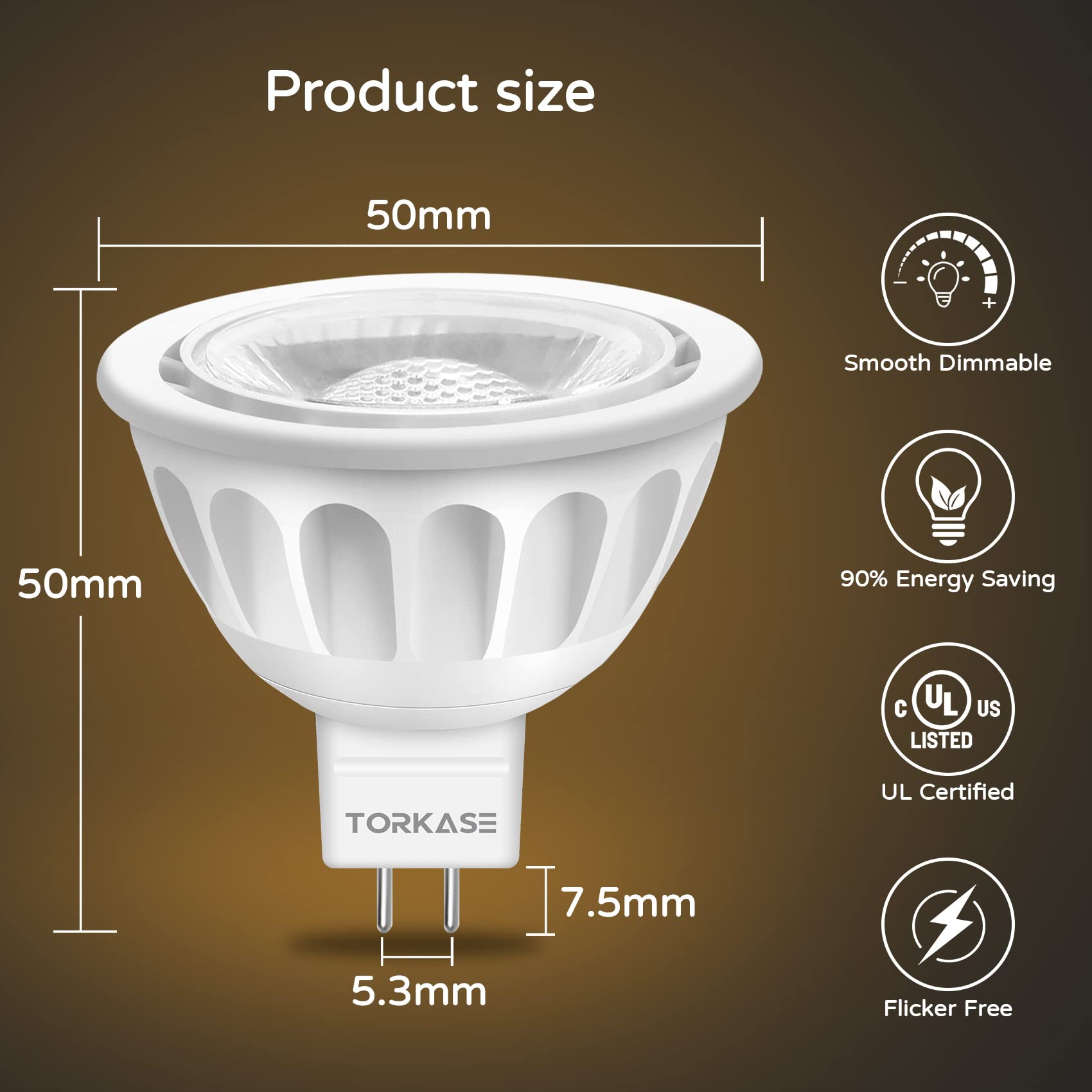 Torkase Dimmable MR16 LED Bulbs, 5W-50W Equivalent, 2700K Soft White, GU5.3 Bi-Pin Base, 10-Pack