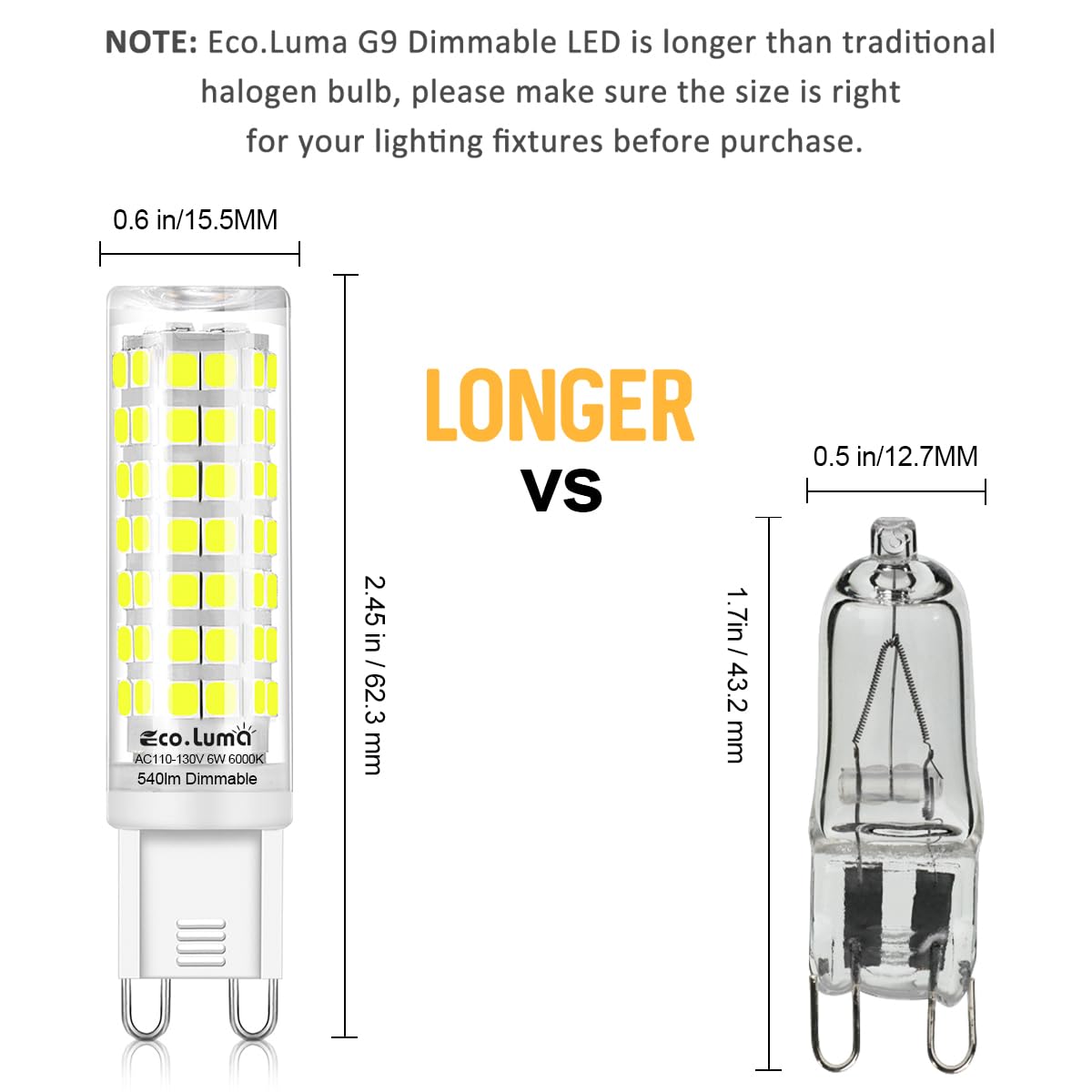 Eco.Luma G9 LED Bulb, 6W 540 Lumens, 6000K Daylight White, Dimmable, G9 Bi-Pin Base, 6 Count, Ceramic