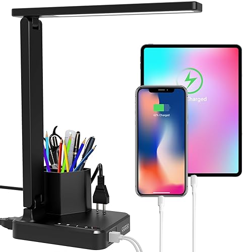 Cozoo Led Desk Lamp With 3 Usb Charging Ports,2 Ac Outlet,3 Color Modes 3 Brightness Levels,Touch/Memory/Timer Function,Eye-Caring Home Office Foldable Natural Light Task Lamp For Reading,Study,Crafts