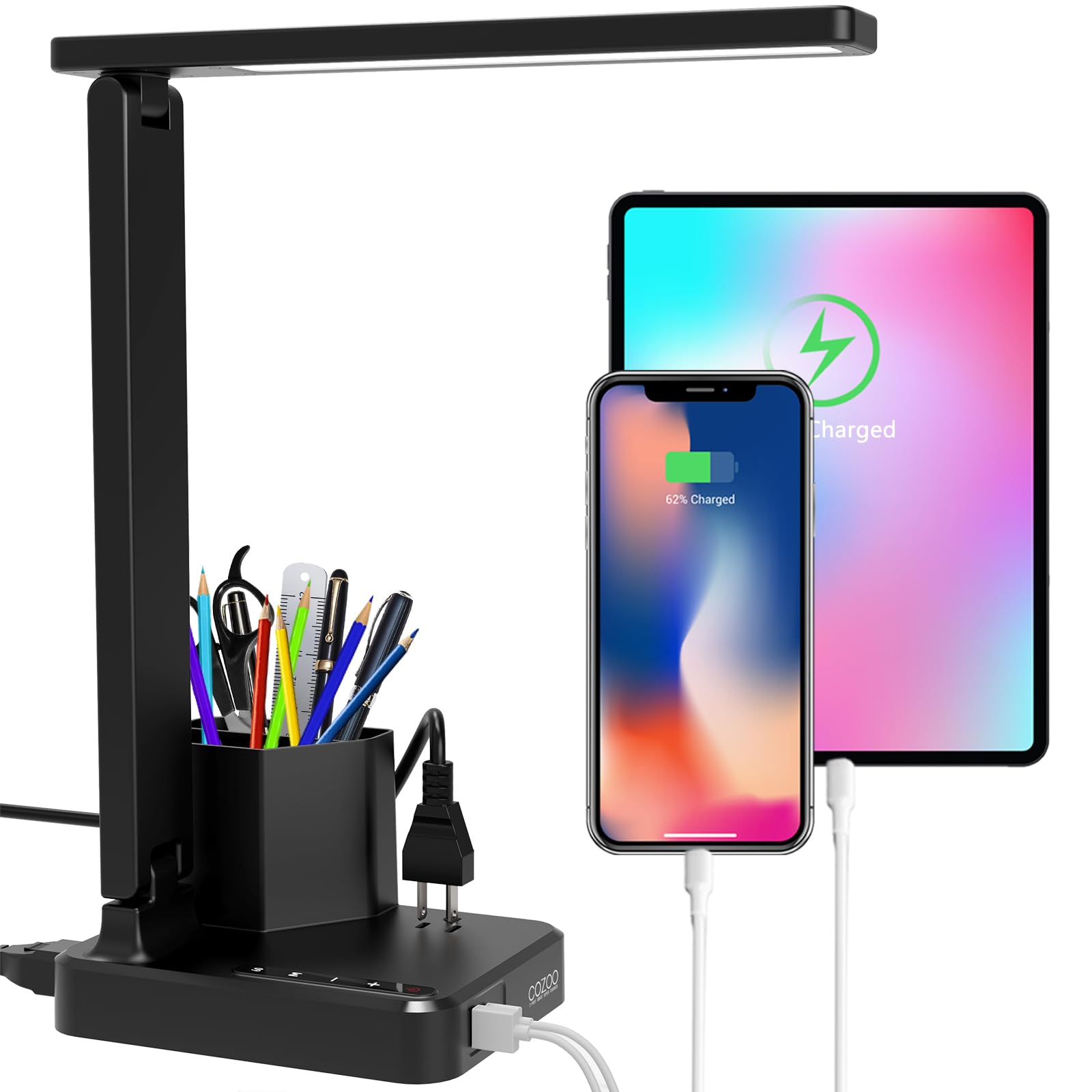 Cozoo LED Desk Lamp with 2 USB Ports, 2 Pen Holders, 3 Brightness Levels, Touch Control, Black, Model CZC018D