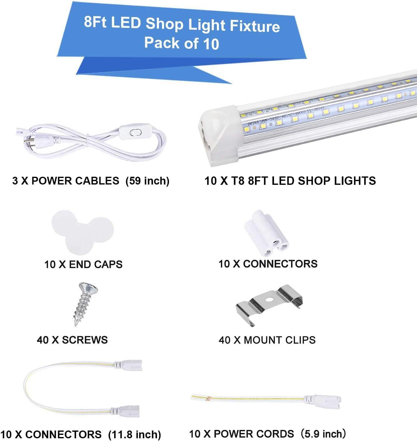 Henwsi 8FT LED Shop Light Fixture, 10 Pack, 72W 9500LM, 6500K Clear Cover, V Shape Lighting for Garage & Warehouse