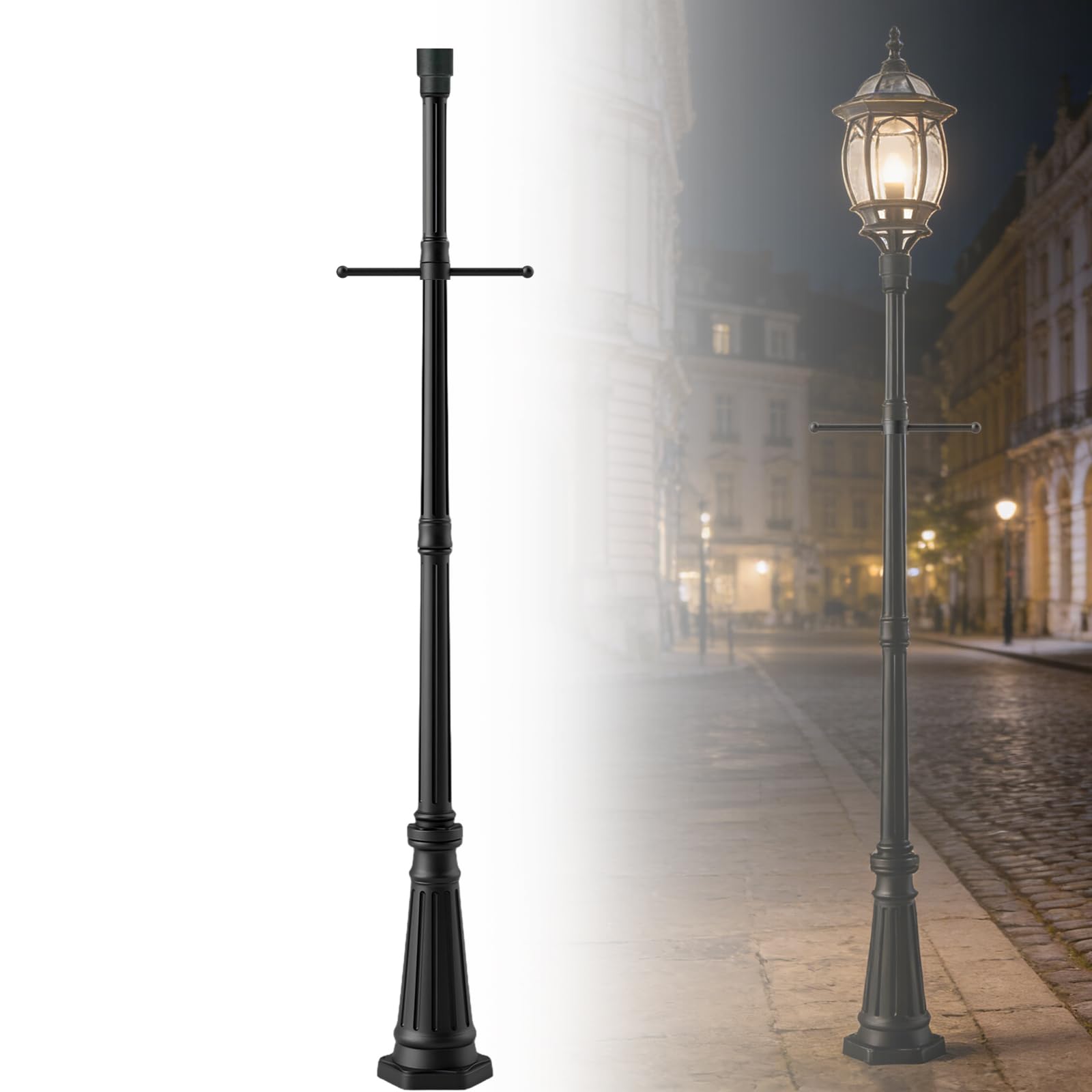 YarPoole 76 Black Cast Aluminum Street Light Pole, 4-Section Adjustable Lamp Post with Crossbars & 3 Universal Adapter Cap for O
