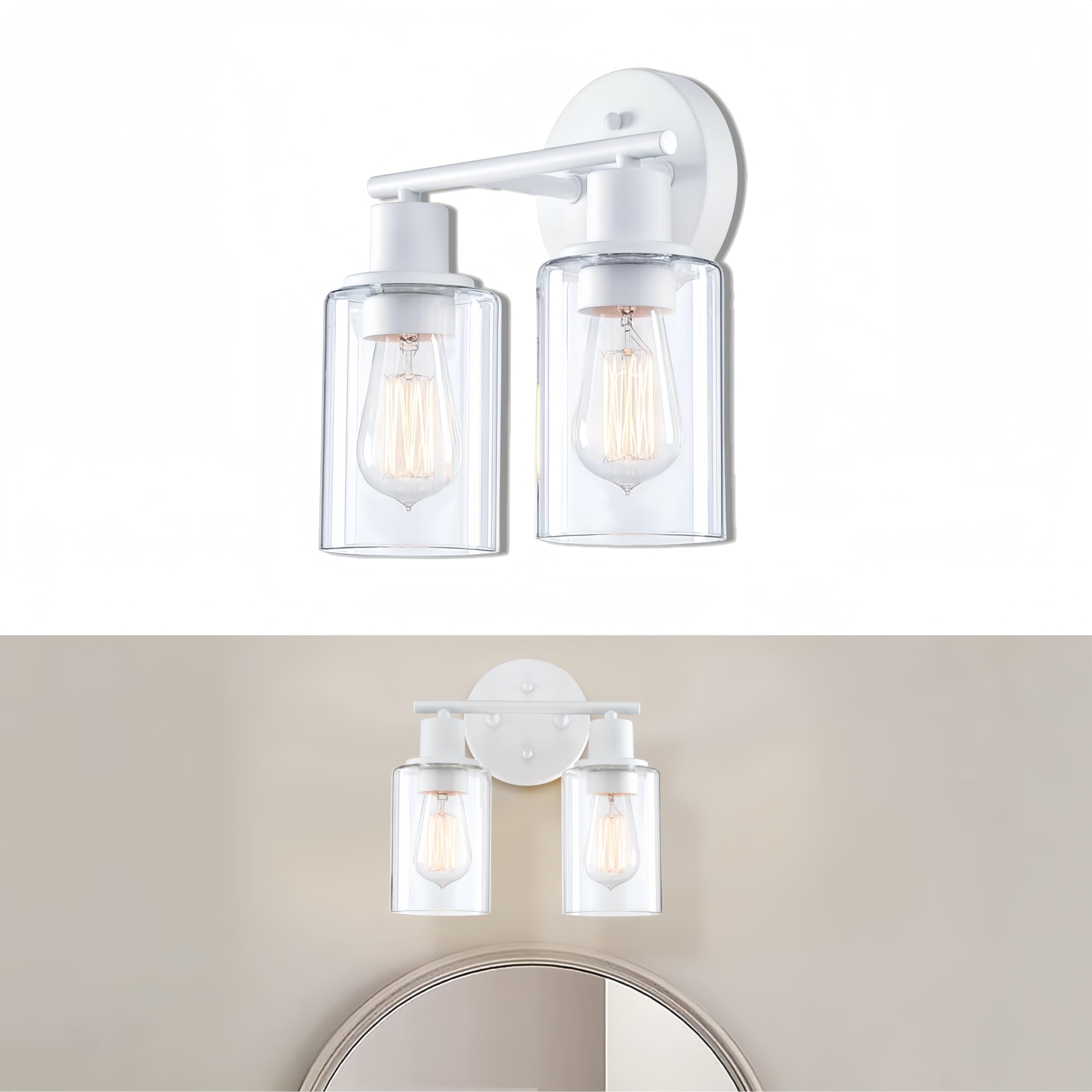 WISBEAM 2-Light Bathroom Vanity Light Fixture, Glass Shade, E26 Base, Model WS-VNT003, White