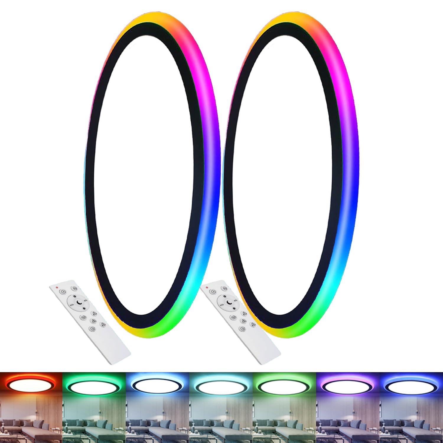 2Pack 13Inch Magic RGB Flush Mount Led Ceiling Light 34W 3400LM Dimmable with Remote Control 3000-6500K+RGB Color Changing Ceiling Light.Surface Round Ceiling Lights for Bedroom Living Room (Black)