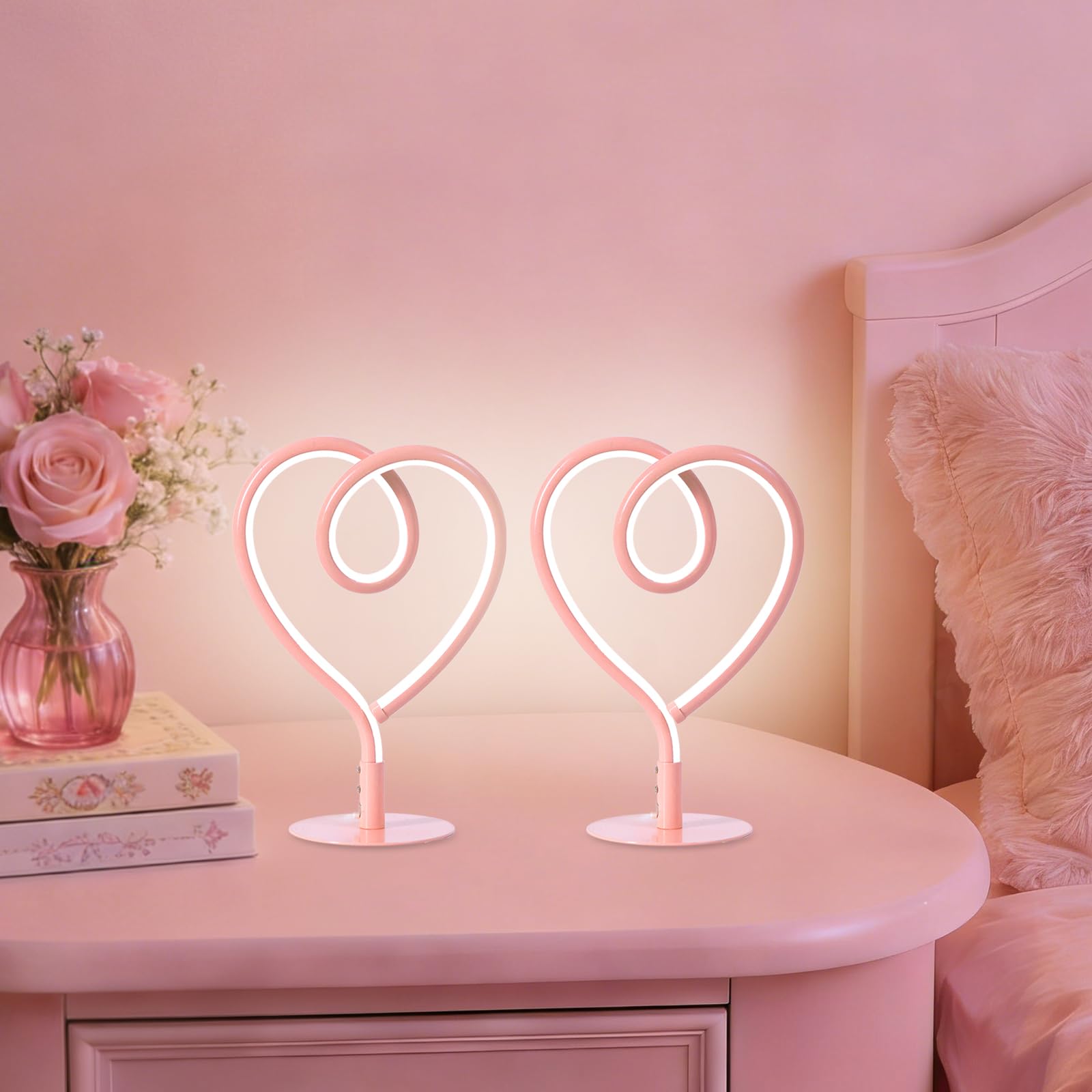 SendaLife Pink Desk Lamps for Girls Room 3CCT Stepless Dimmable Pink Table Lamp with USB Adapter Small Heart Lamp Modern Nightstand Lamps for Bedroom Nightstand Office (2 Pack)