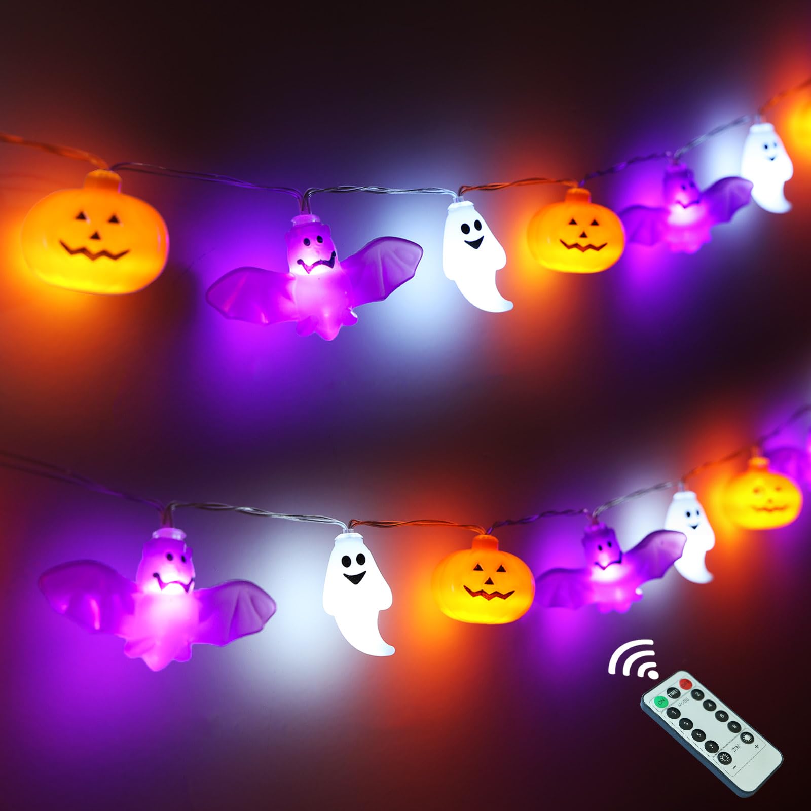 UZKEW Halloween String Lights, 16.4FT 30 LED Pumpkin Bat Ghost Battery Operated Orange and Purple Lights Strobe 8 Lighting Modes
