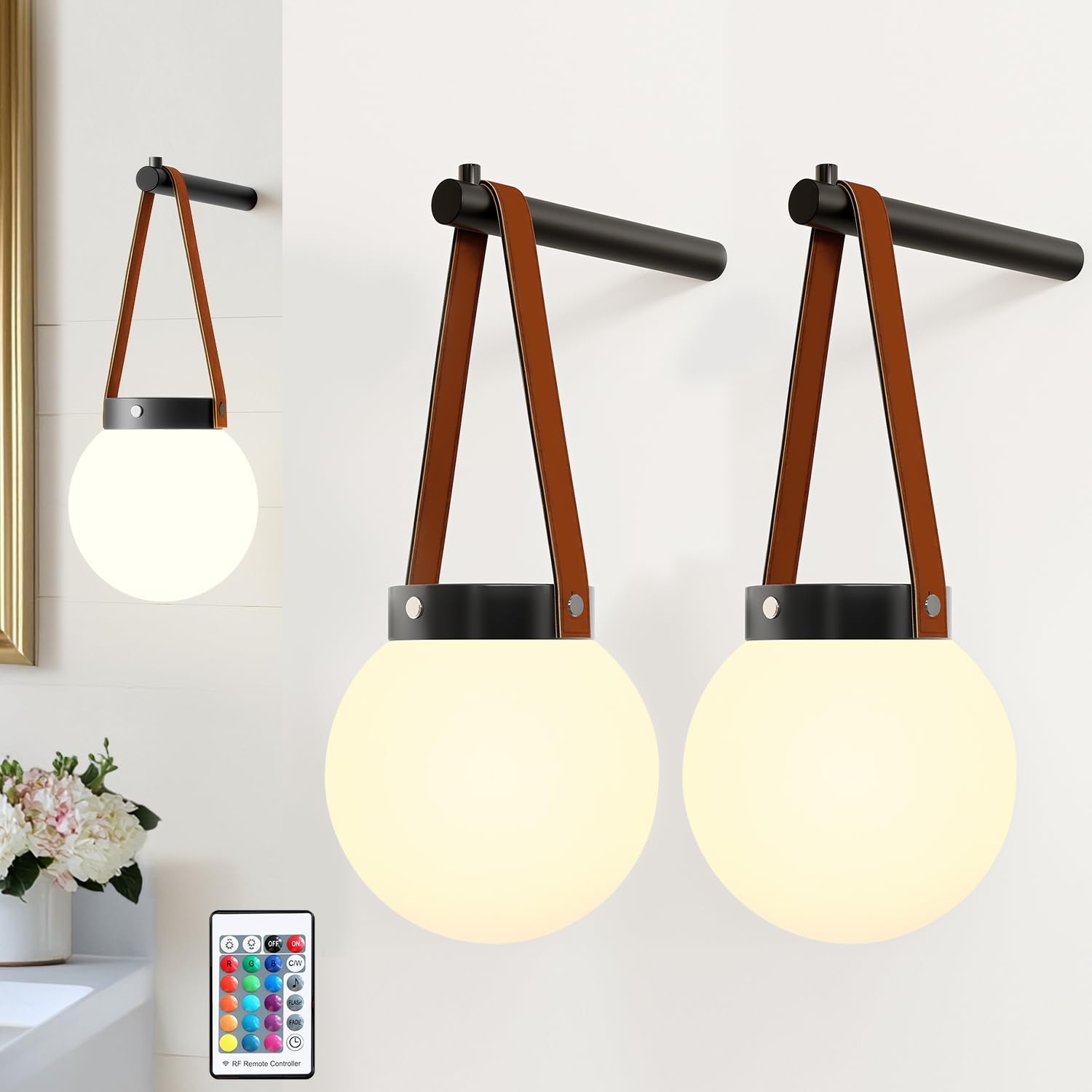 Battery Operated Wall Sconces Set Of 2, Wireless Globe Wall Lights With Remote Control Warm/Natural/Daylight/Rgb 15 Colors Dimma