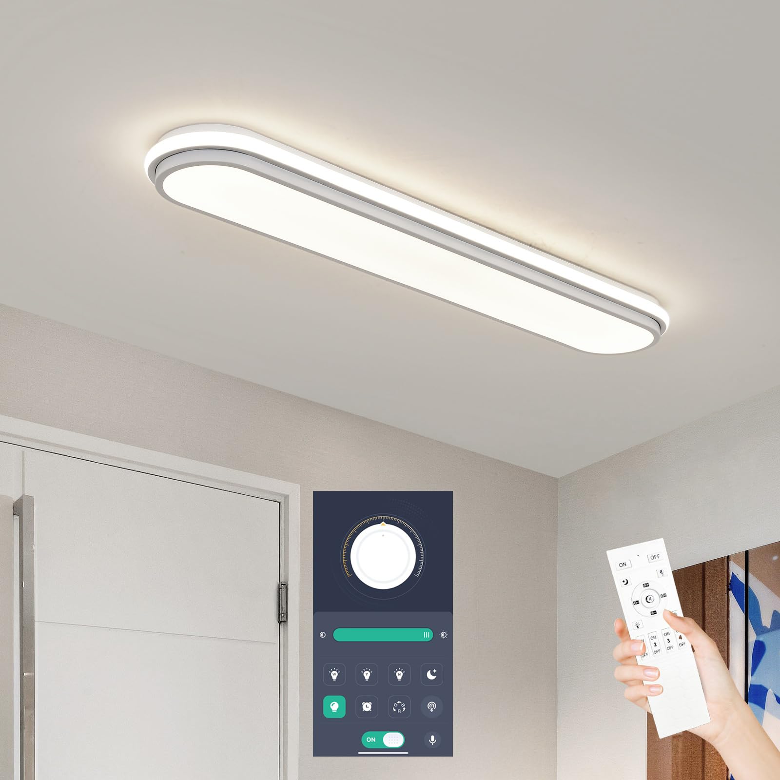 Naroume Smart Led Ceiling Light 36.2In Dimmable Modern Metal Linear Led Ceiling Lamp Flush Mount Wraparound Shape Lighting Fixture With Remote Control For Kitchen Dining Room & Laundry 55W