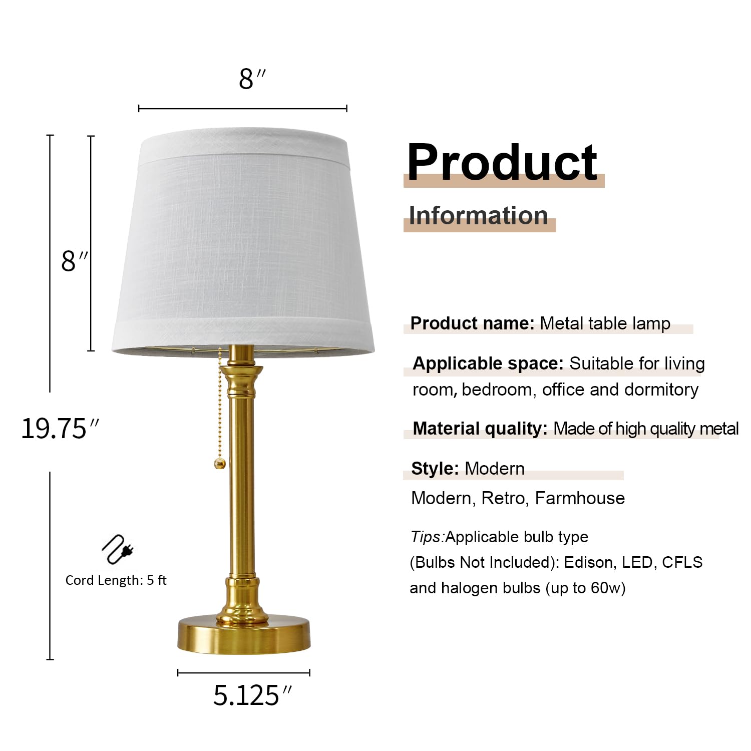 Oneach Table Lamps Set of 2, Modern 19.5in Brass Gold Metal, Pull Chain Switch, White Linen Shade, Model OYS-T0009GL-New