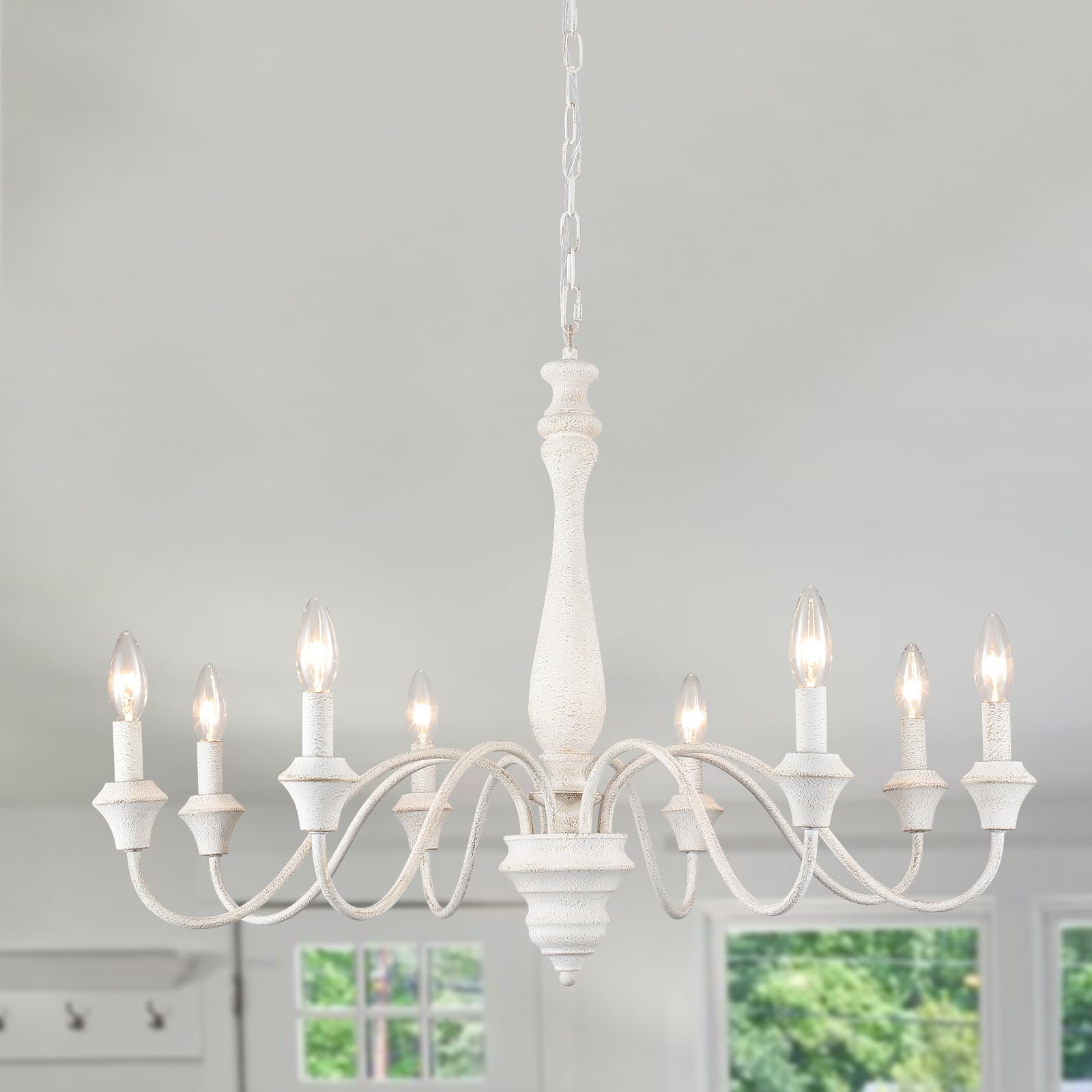 French Country Chandelier 8 Lights White Modern Farmhouse Chandeliers For Dining Room Light Fixture Rustic Candle Wood Pendant L