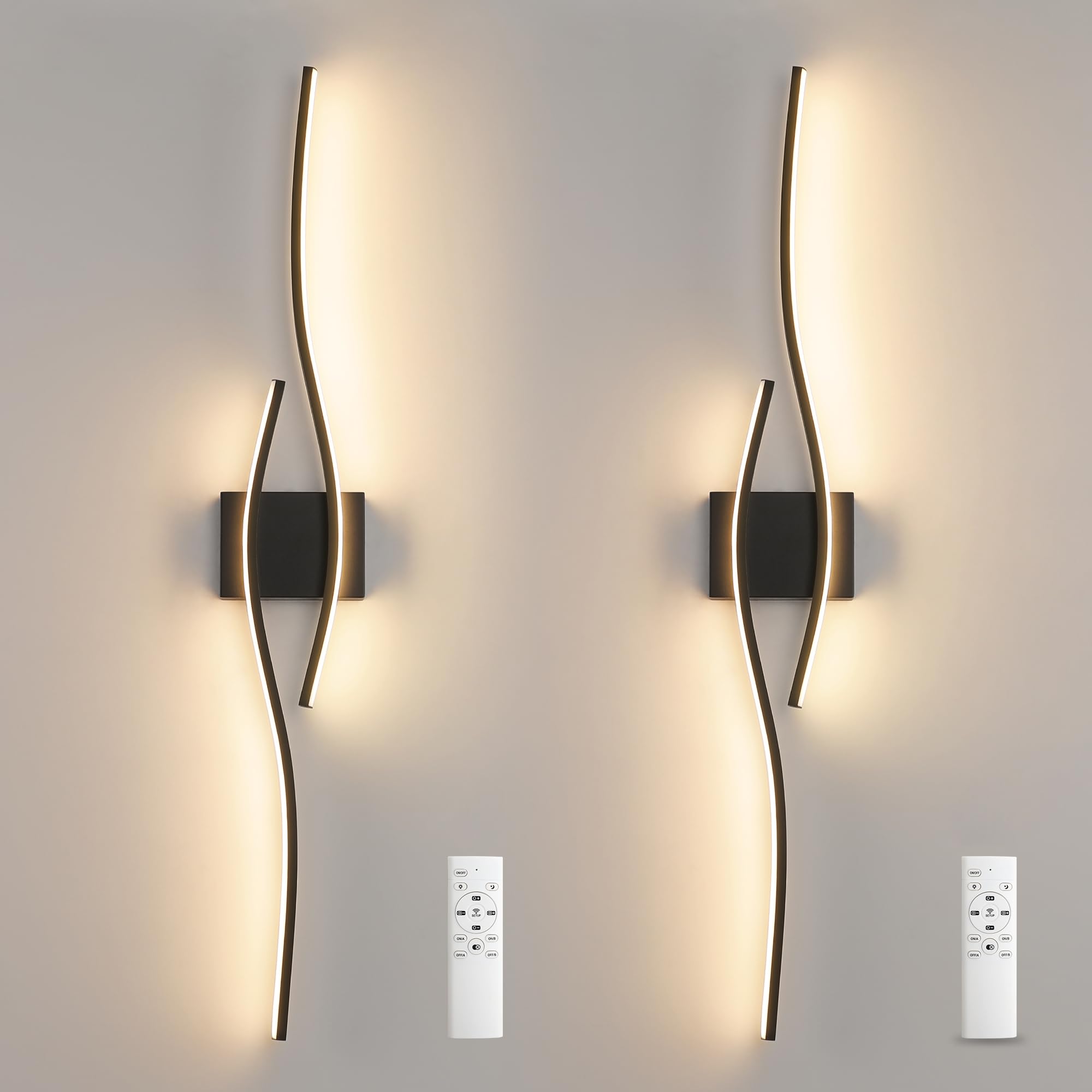 Pasoar Modern LED Wall Sconce Set of Two, 39.4" Hard-Wired, Stepless Colors 3000K-6000K with Remote Control, Black Metal Lights