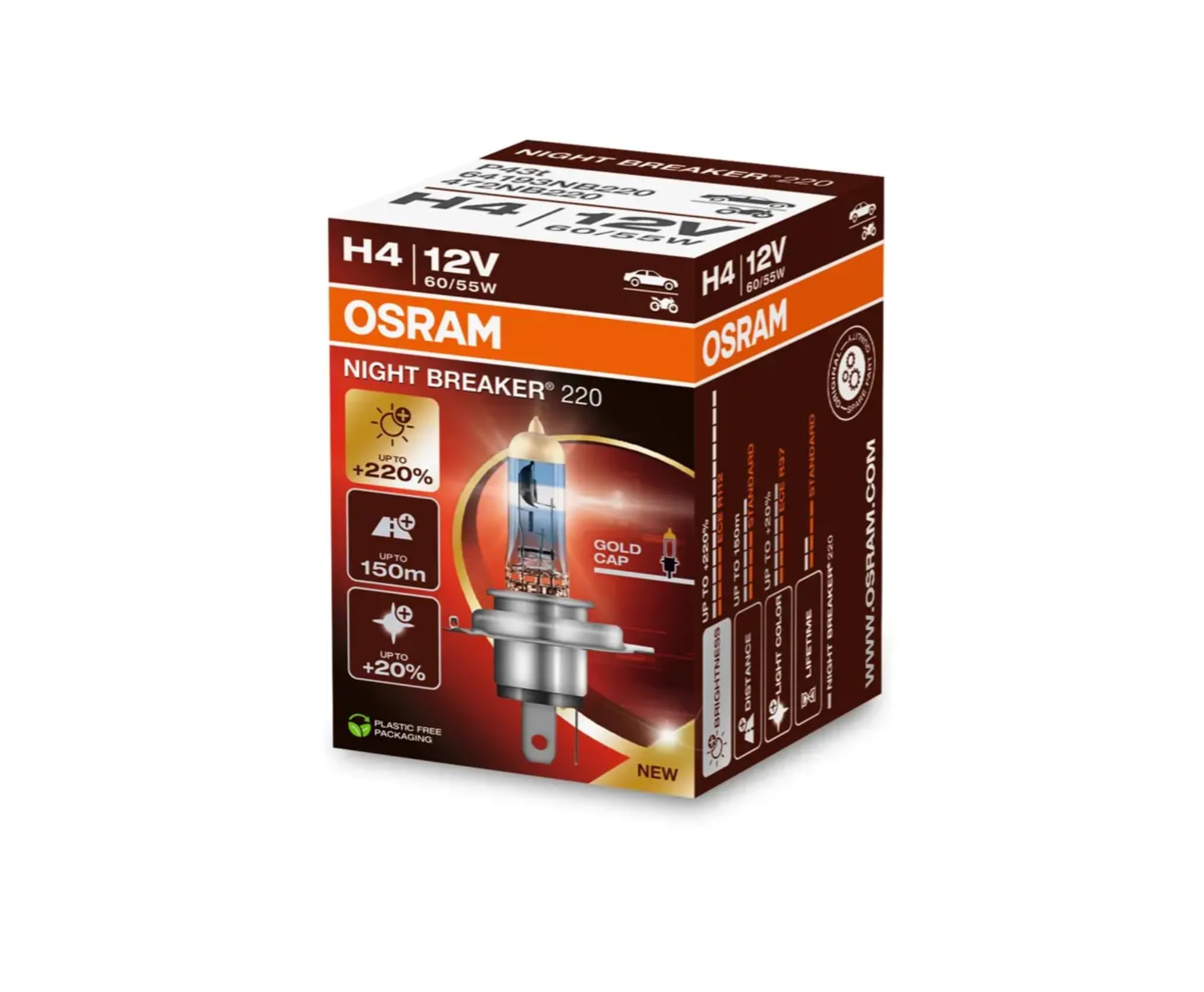 Osram Night Breaker Laser 200 Halogen Bulb H4 12V 60/55W - Single Piece, Plastic, Carton Folding Box