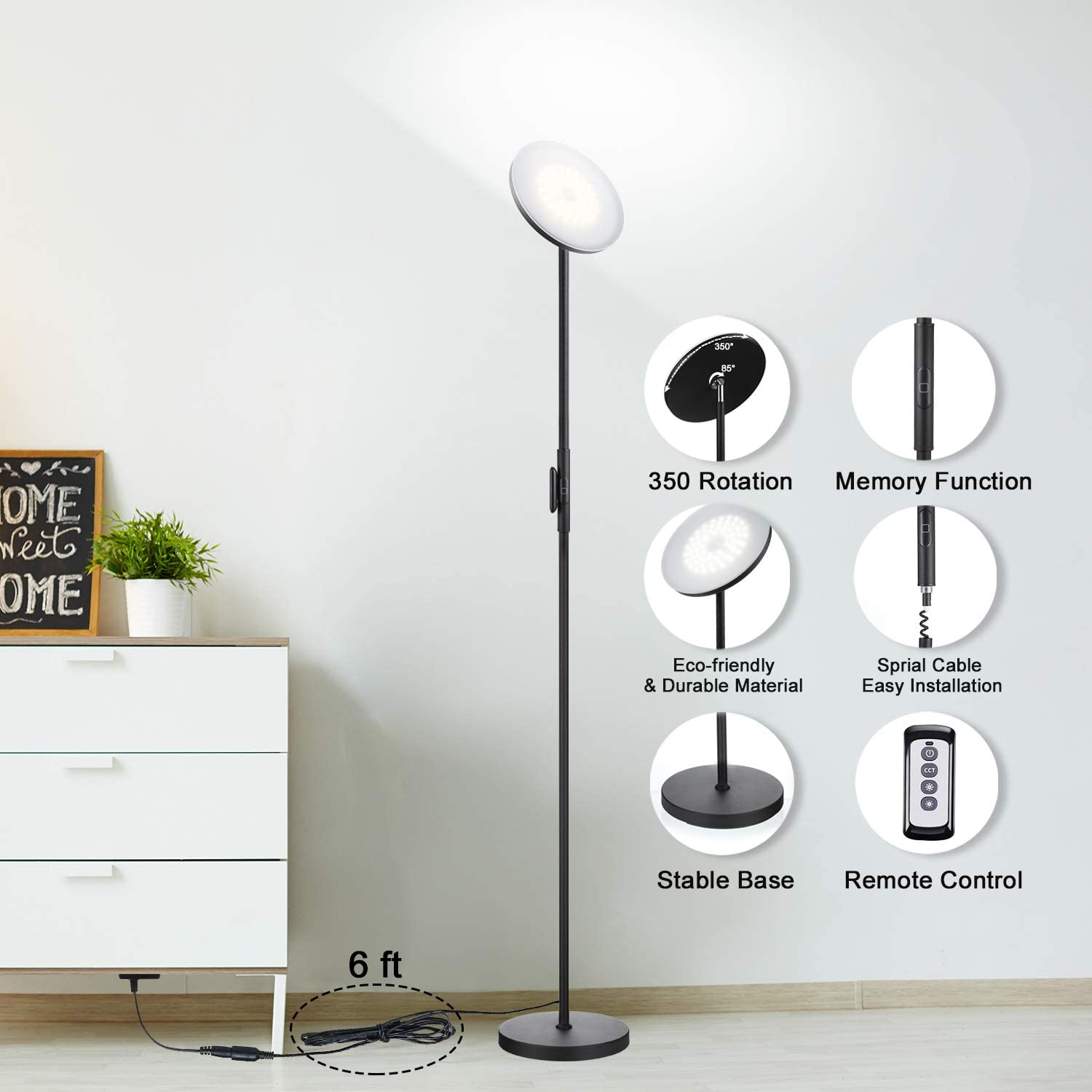 JOOFO 30W LED Floor Lamp - Modern Torchiere with Remote & Touch Control, 2400LM, Iron, Black, Model 1