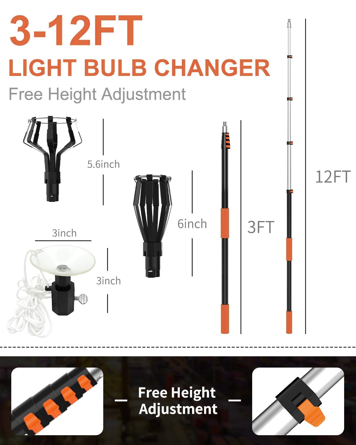 Buyplus 18FT Reach Light Bulb Changer with 12FT Telescopic Pole, Aluminum, for High Ceilings and Recessed Lights