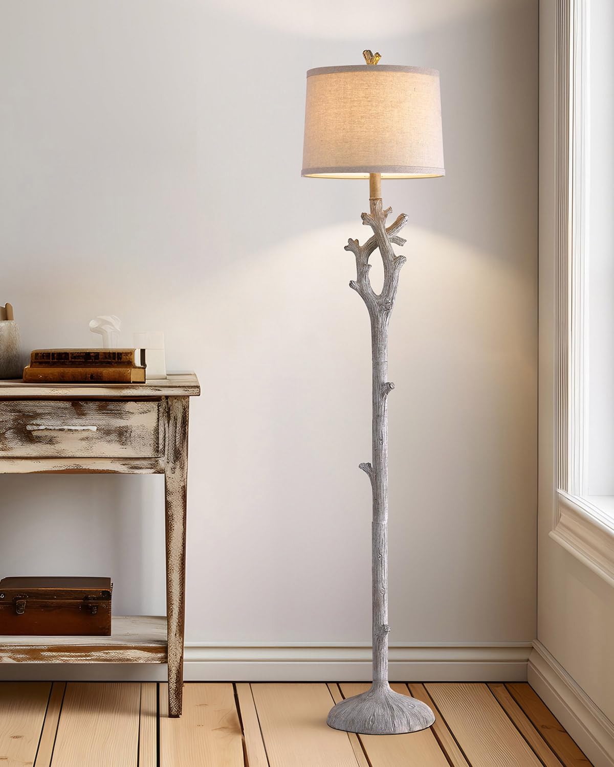 OYEARS Retro Farmhouse Floor Lamp - Rustic Tree Trunk Design, 59.75" Tall, Washed White Resin, Model AMZ-F1158RS
