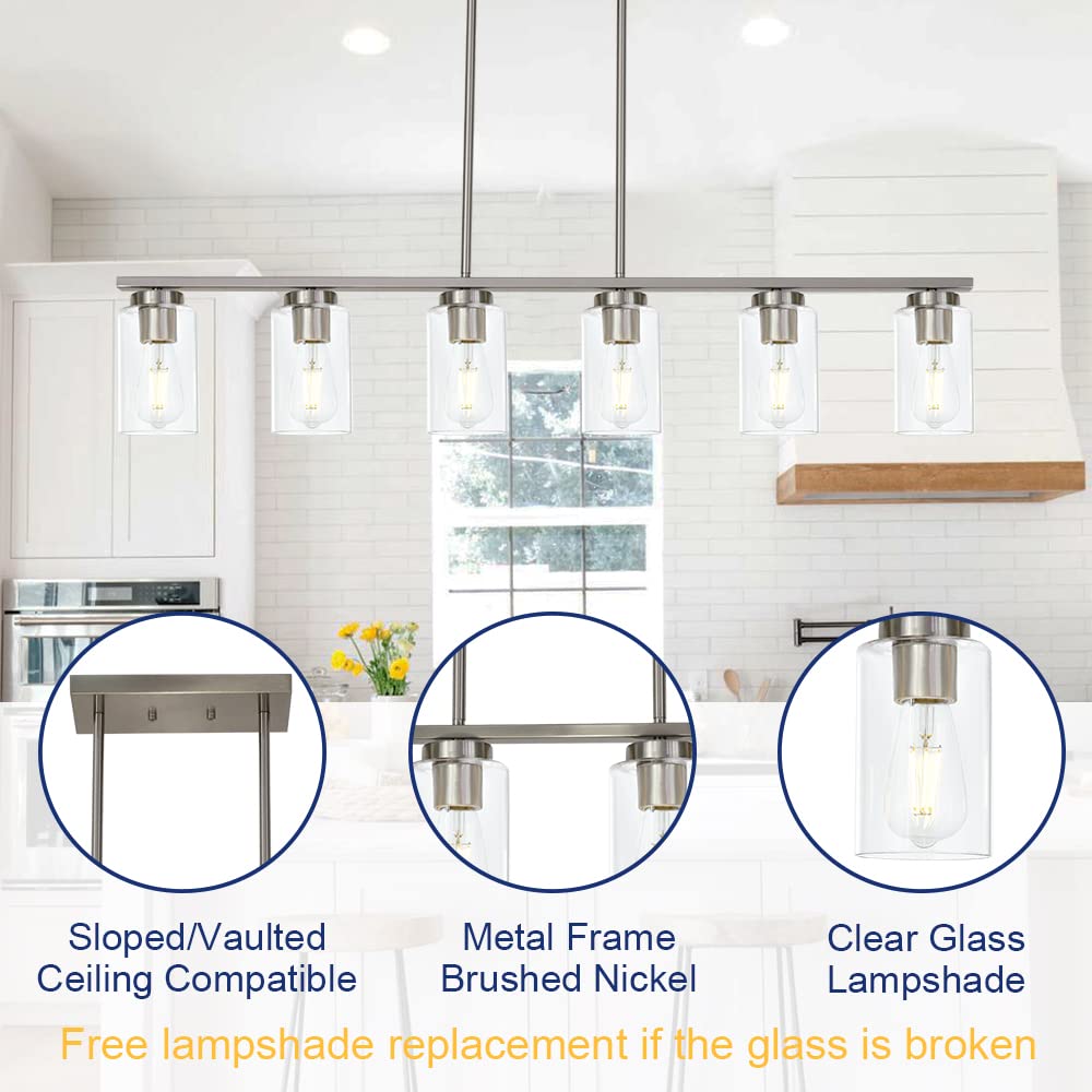 TODOLUZ 6-Light Pendant Light Fixture, Modern Brushed Nickel with Clear Glass Shades for Kitchen Island or Dining Room