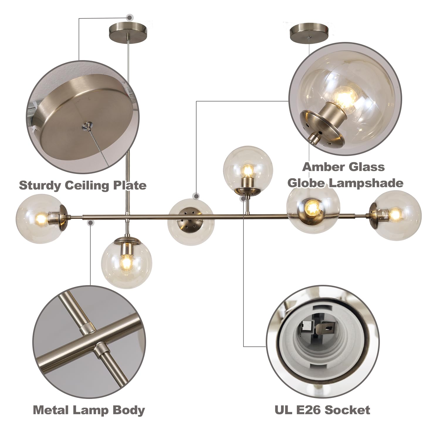 KCO Lighting Mid-Century Modern 6-Light Glass Globe Chandelier Brushed Nickel Silver+Amber