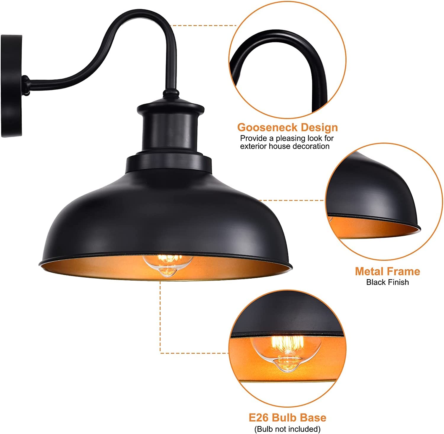 Diyel Gooseneck Barn Light - Black Iron Outdoor Wall Sconce, Vintage Style, 4 Pack, Farmhouse Exterior Lighting for Porch and Garage