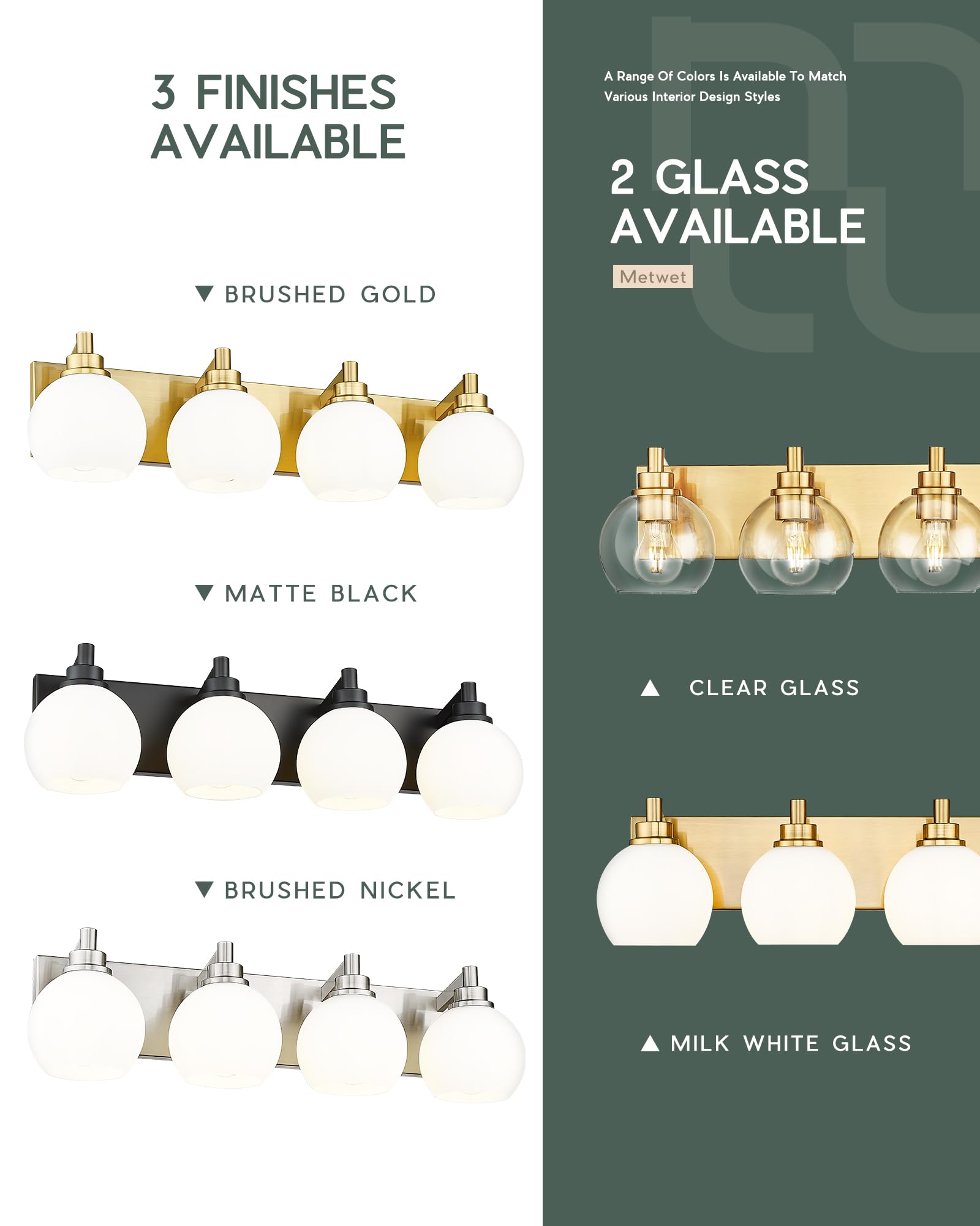 METWET 4-Light Brushed Gold Bathroom Vanity Light with Globe Milk Glass Shade, 26 Inch Modern Wall Sconce, Model VL195-BG-ML-4