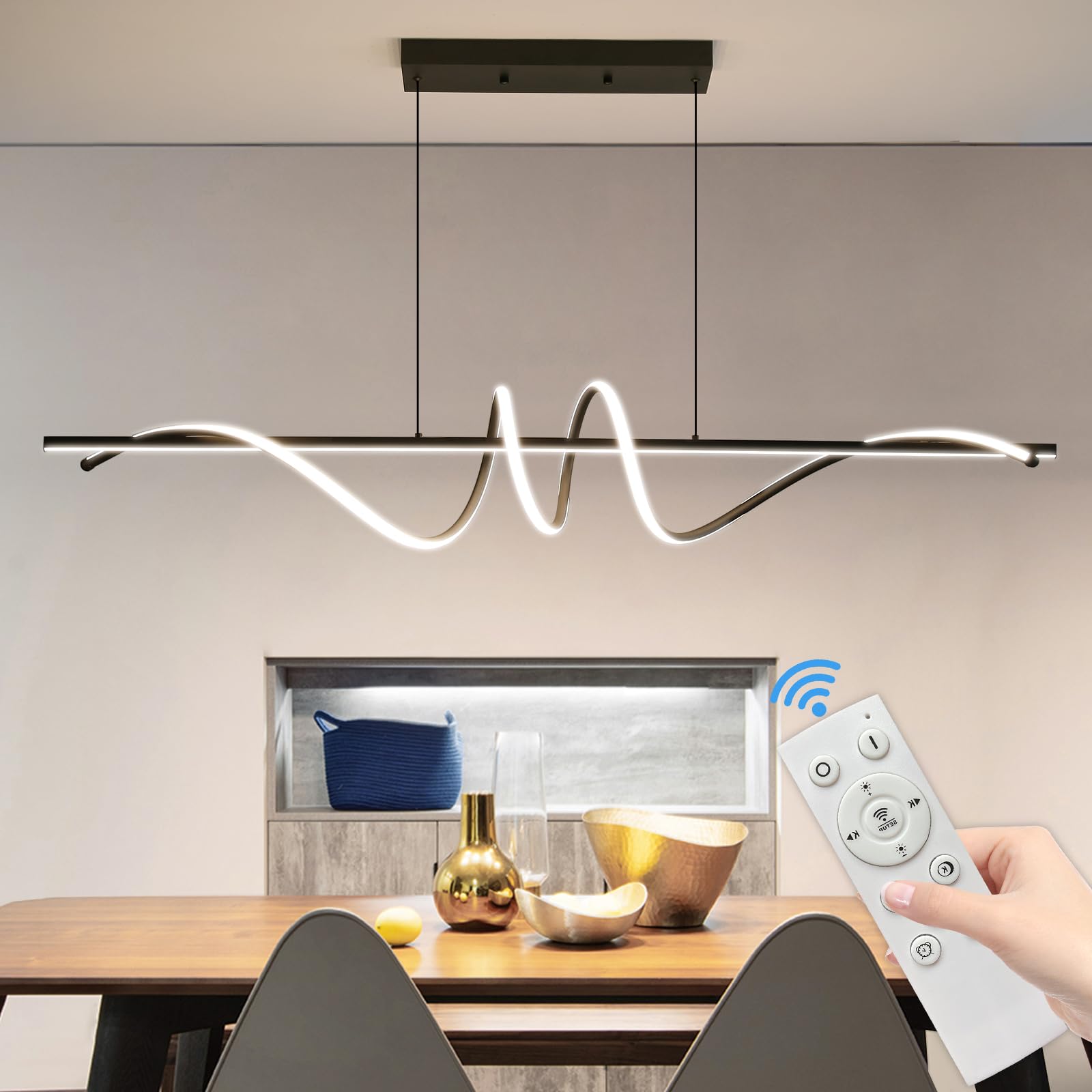 Matven Modern Ceiling Chandelier Light, Anti Flicker Pendant Lamp With Remote Control Dimmable 3 Color Mode & Brightness (Warm Cool Neutral Light) For Kitchen Bar