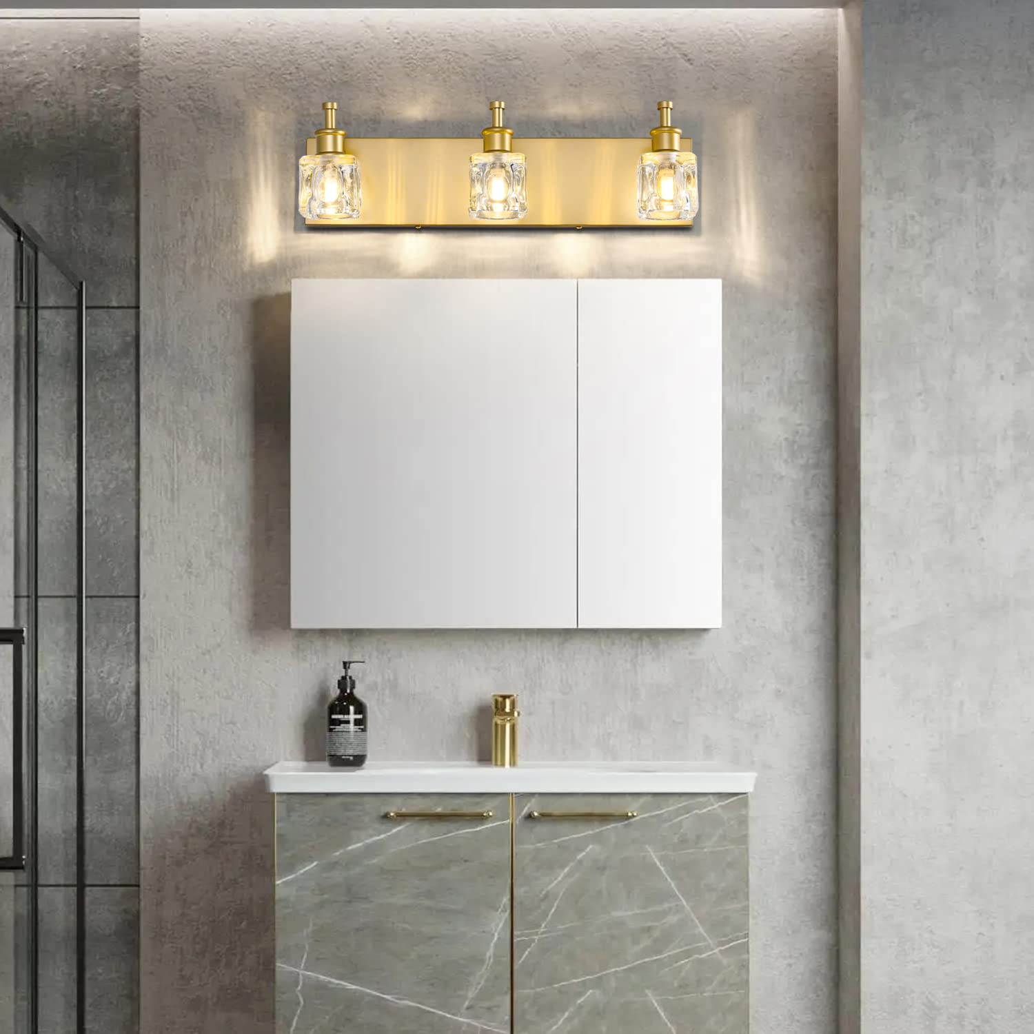 Presde 3-Light Bathroom Vanity Lights, Modern Crystal Gold Fixtures, Gloss Gold Finish, Excludes Bulbs