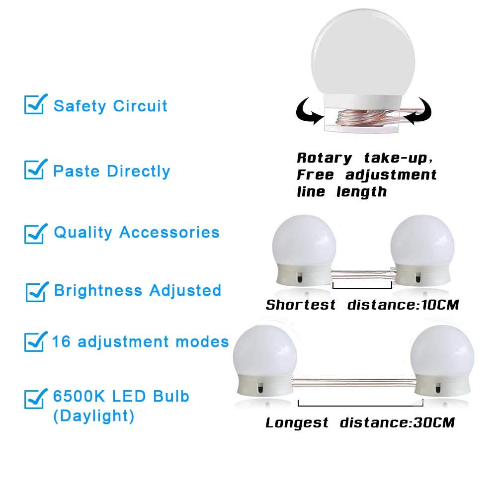 SICCOO 10 Dimmable LED Vanity Mirror Lights - Hollywood Style, White, USB Cable, Perfect for Makeup, Dressing Table, and Bathroom