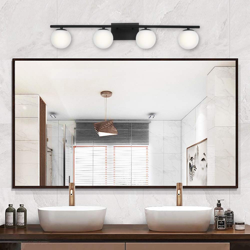 YHTlaeh New Bathroom Vanity Light Fixtures Matte Black Milk White Globe Glass Shade 4 Lights Modern Wall Bar Sconce Over Mirror(