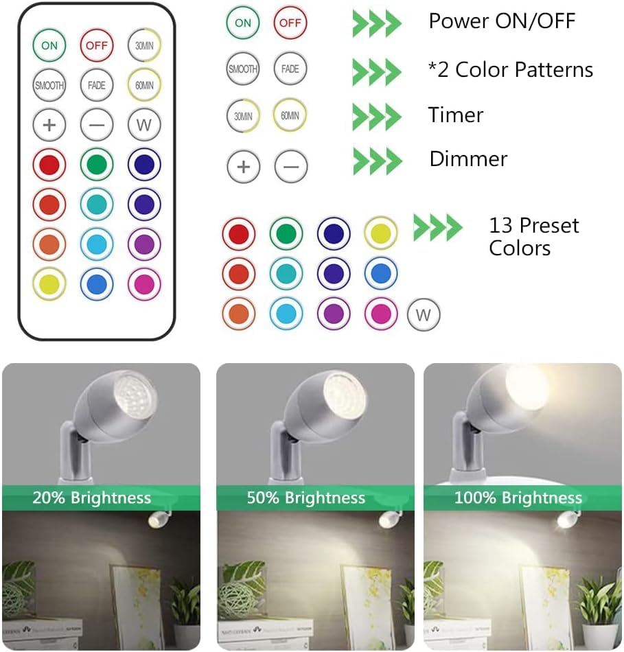 Kindeep Rgb Wireless Led Spotlight, Battery Operated Accent Lights, Indoor Mini Puck Light, Dimmable Uplight With Remote, 4000K