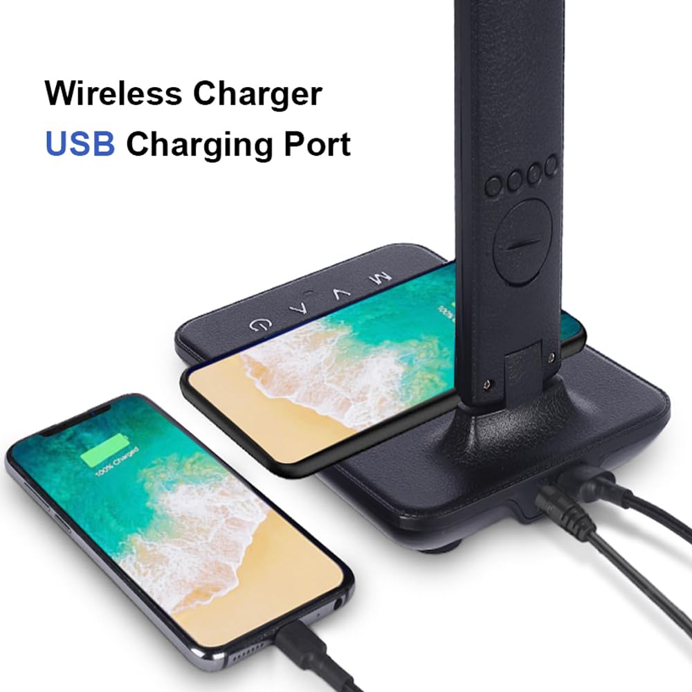 Wanjiaone Multifunctional Led Desk Lamp With Wireless Charger,Usb Charging Port,Clock,Phone Holder,Desk Lamps For Home Office,Eye-Caring Reading Lamp,Study Lamp For Boys,Girls,Teens,Black