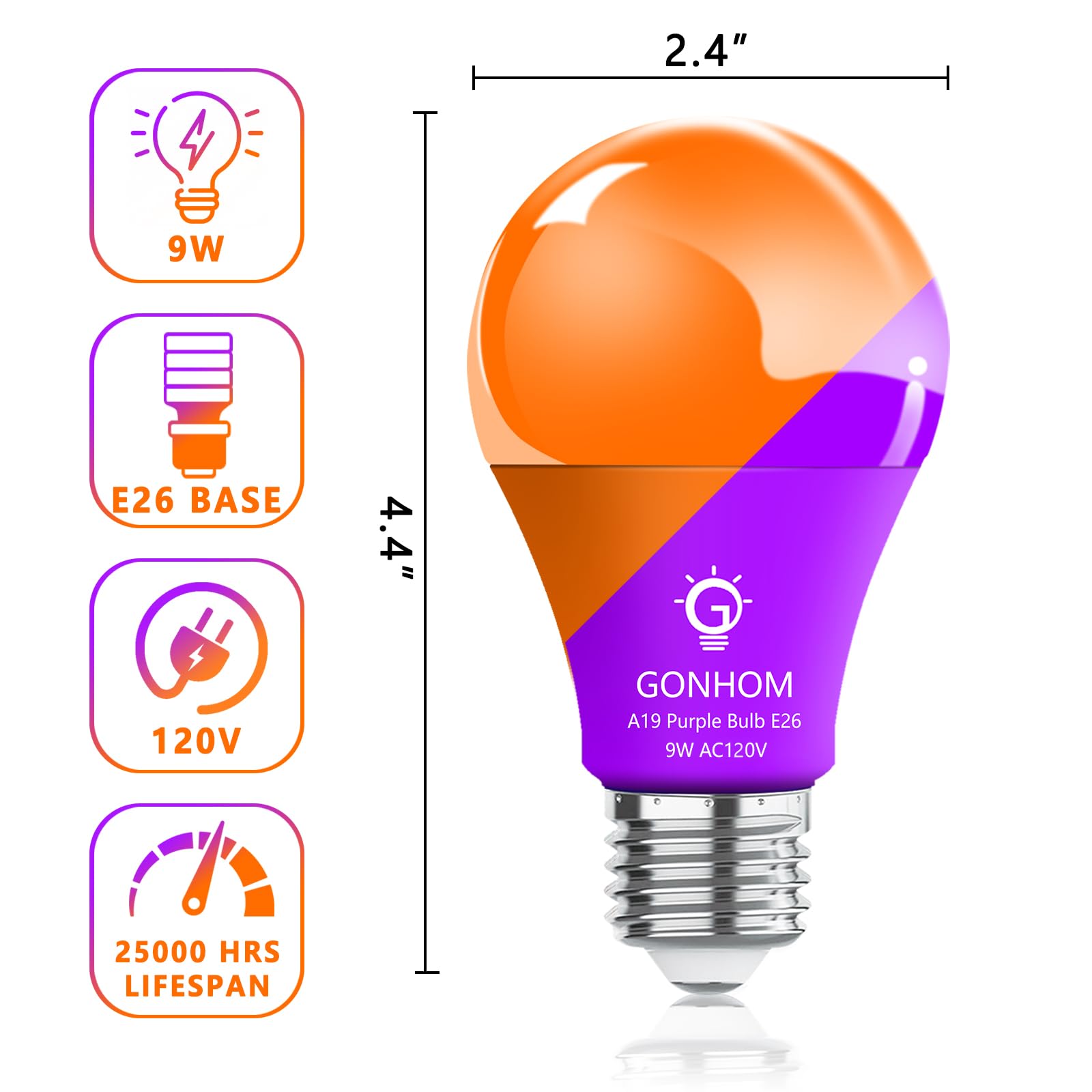 Gonhom 2 Pack A19 Led Orange Purple Light Bulb 9 Watt Purple Lights Equivalent 100 Watt Colored Light Bulbs E26 Base For Party Decoration  Holiday Lighting Halloween Light Bulbs