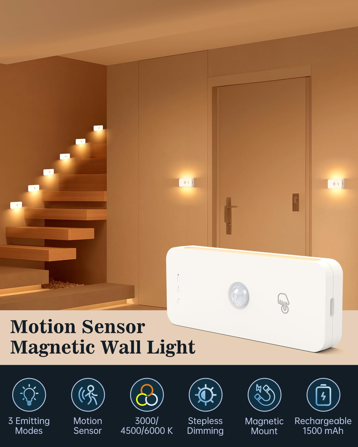 Yiliaw Motion Sensor Night Lights - Rechargeable Stick-On, Adjustable Brightness, 3 Color Temps, 2 Pack, White