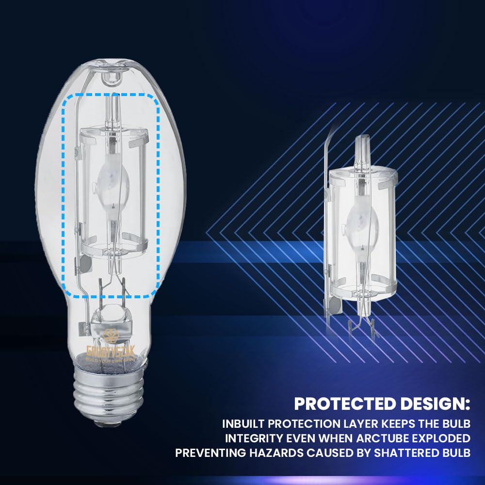 Gruotvszak Protected Mp100/U/Med 100 Watt Metal Halide Edx17, Medium Base(E26), Dusk To Dawn Bulb, 4000K, 9200 Lumen, Ansi Code