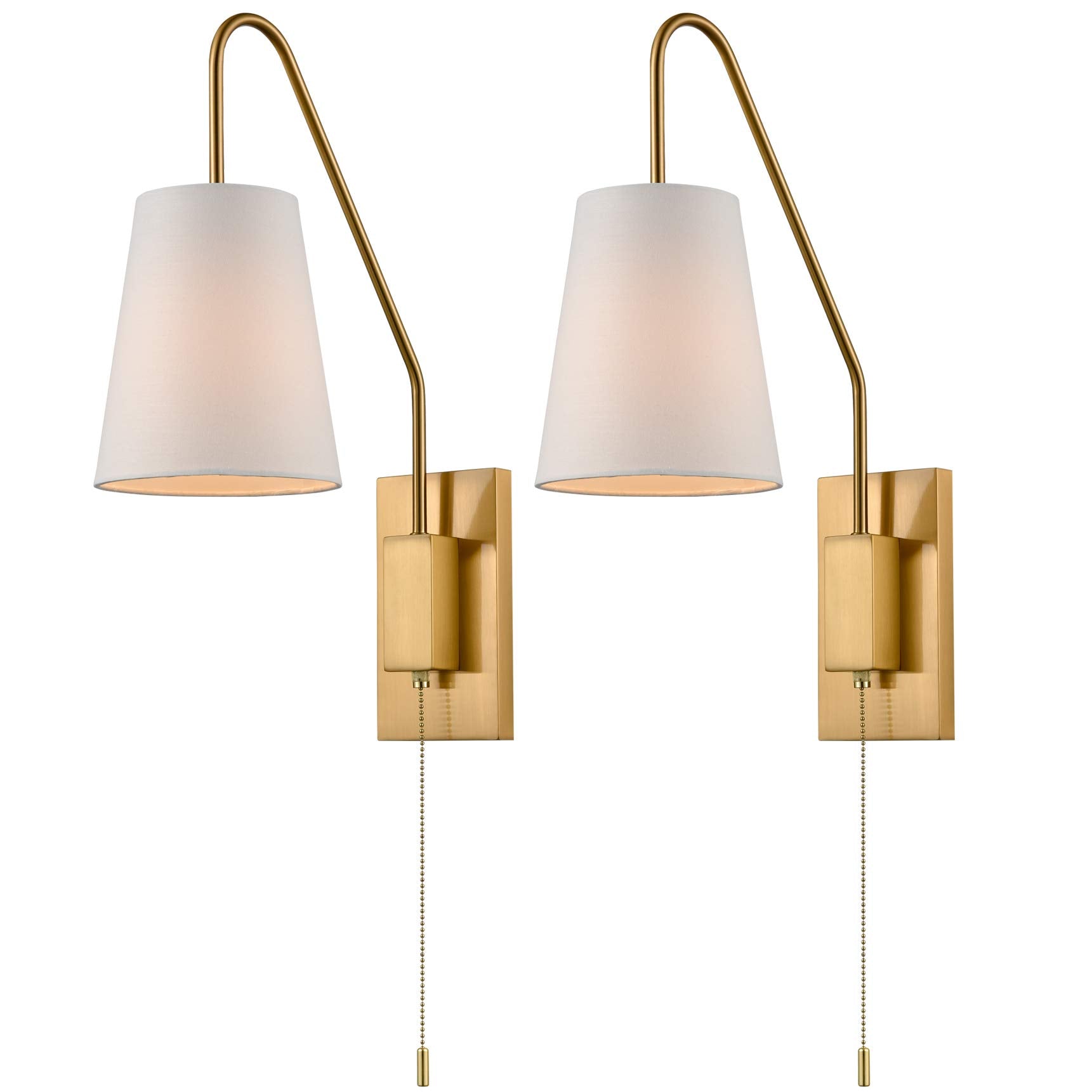 Jeenkae Modern Brass Wall Sconces Set Of Two, Fabric Shade, Pull Chain, Model T3063Bu-J-C-2