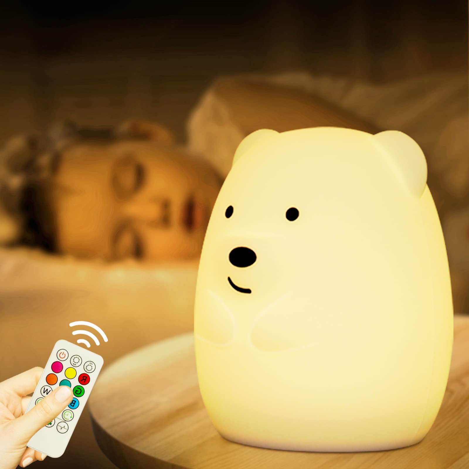 Bear Night Light for Kids Room -Cute Aesthetic Lamp 9 Colors Nursery Light Up Baby Bedroom Portable Rechargeable LED Nightlight 
