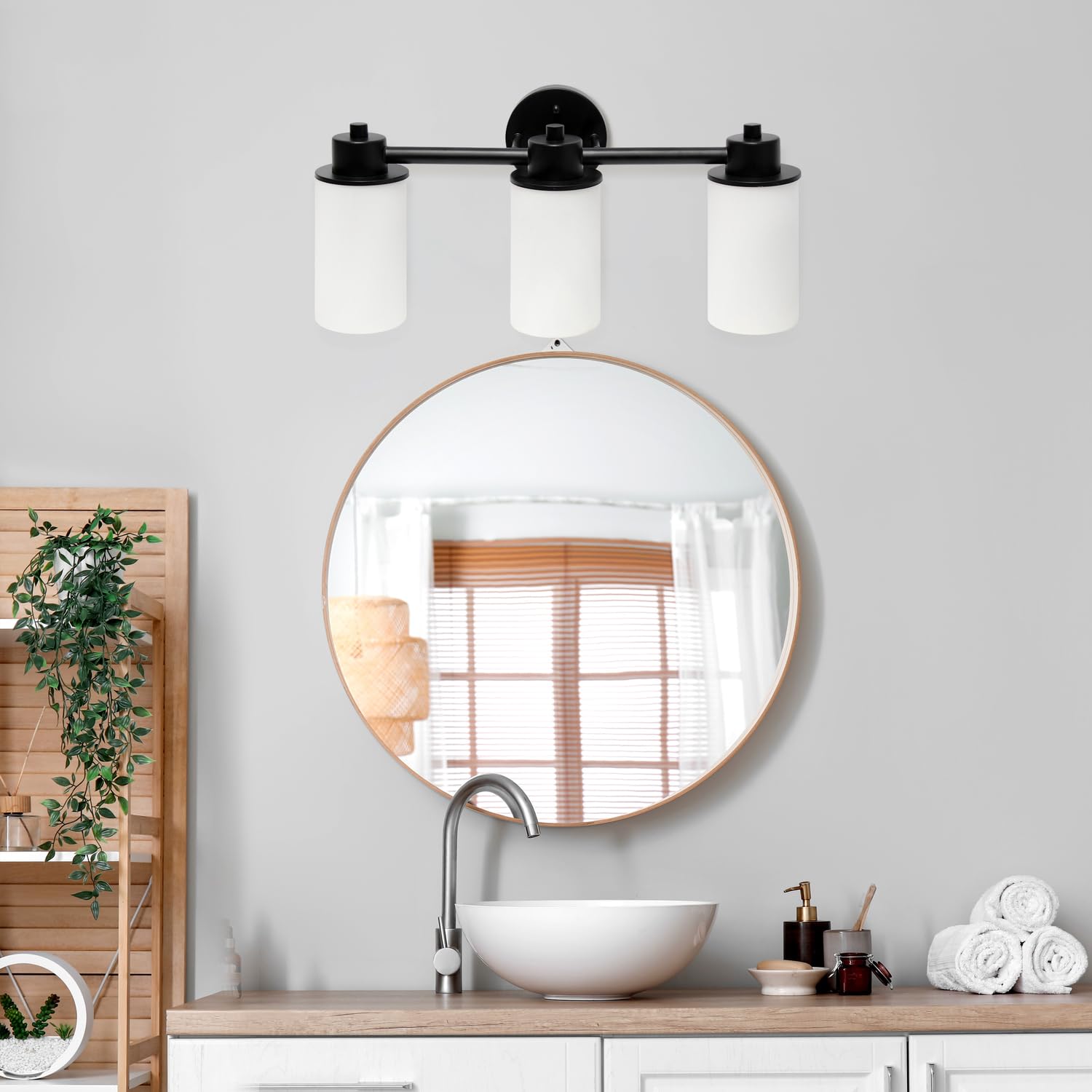 Simple Designs VT1024-BLK 20.75 Modern 3 Light Metal and Milk White Cylinder Shape Glass Shades with Circled Backplate Decorativ