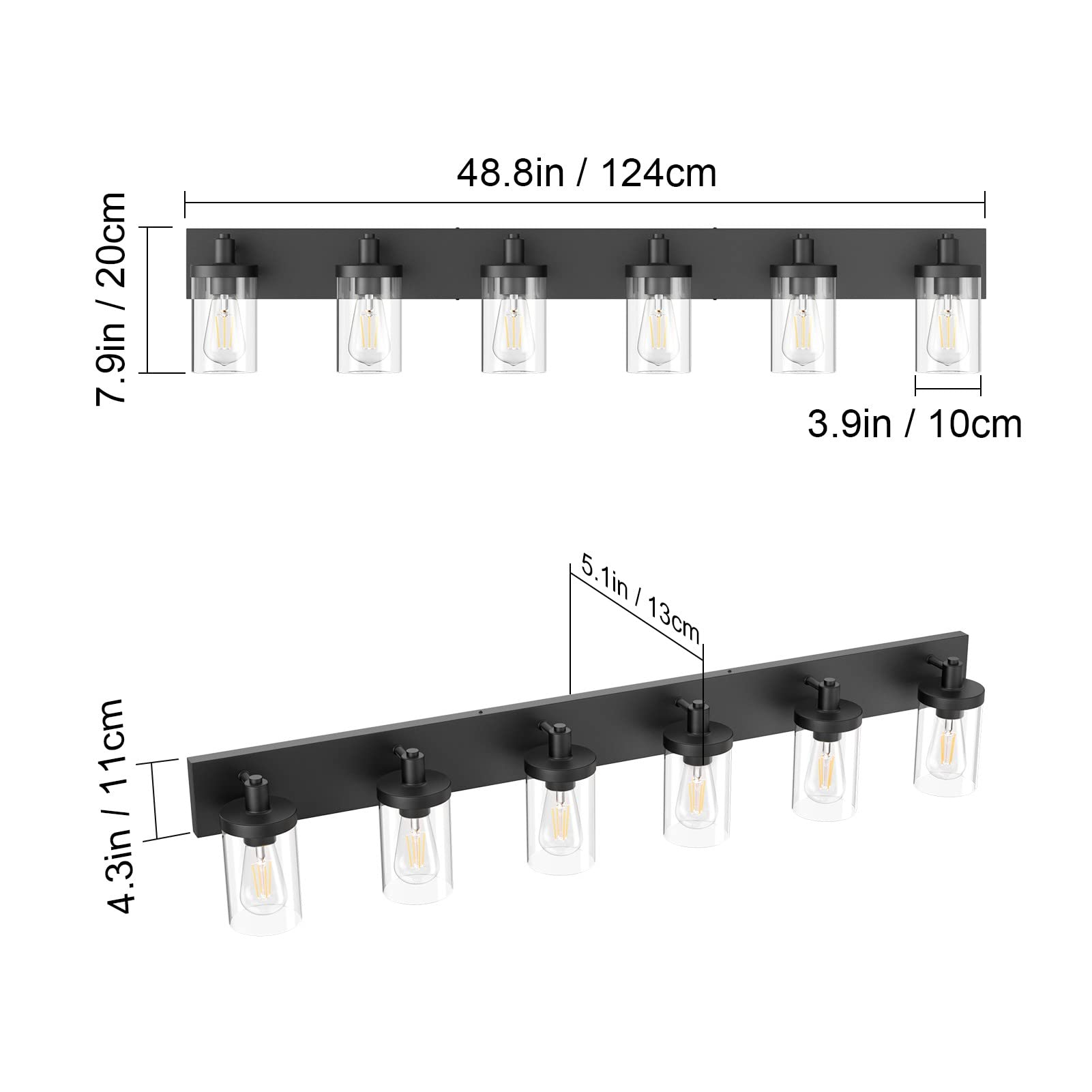 Aipsun 48in Vanity Light 6-Light Black Bathroom Lighting Fixtures Aluminum GW-1136