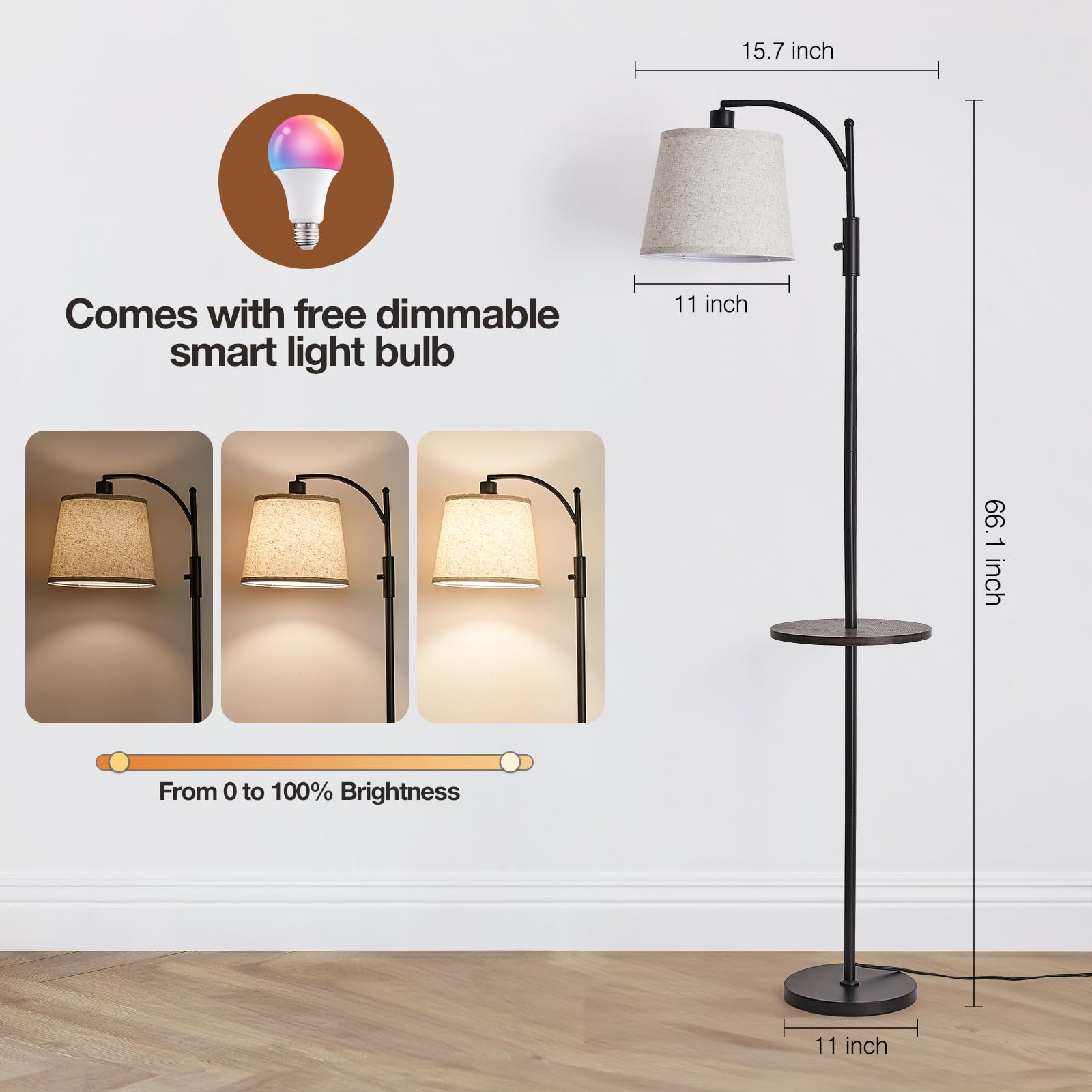 AIDENOEY Smart Floor Lamp with Side Table, Stepless Dimming, RGB, Voice Control, Black, Model HYZC0204, Metal, Standard Size