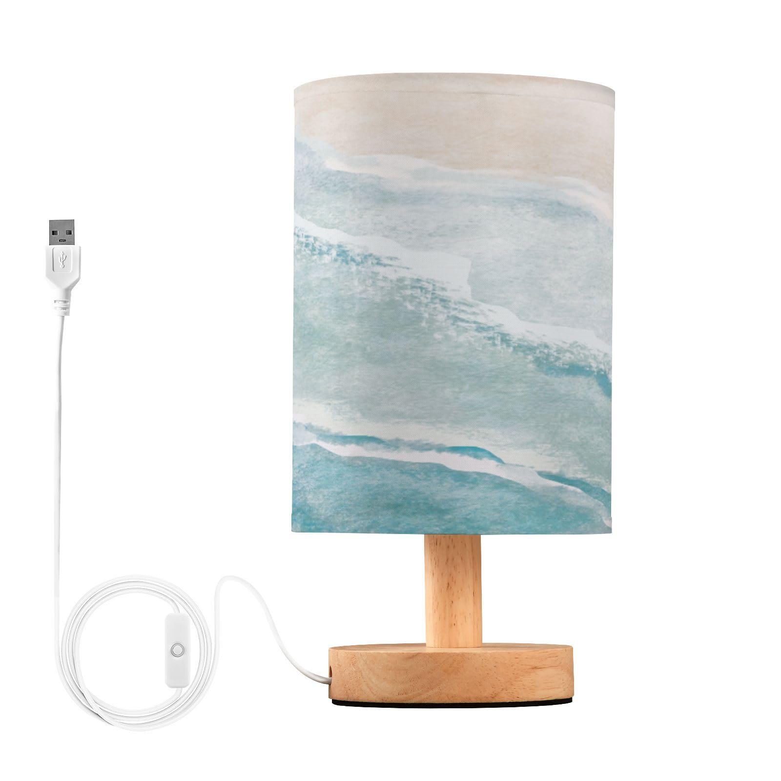 BOENLE Bedside Lamp Bohemian Beach Table Lamp for Bedroom LED Nightstand Lamp Shade USB Ports Wood Base for Living Room Dorm Off