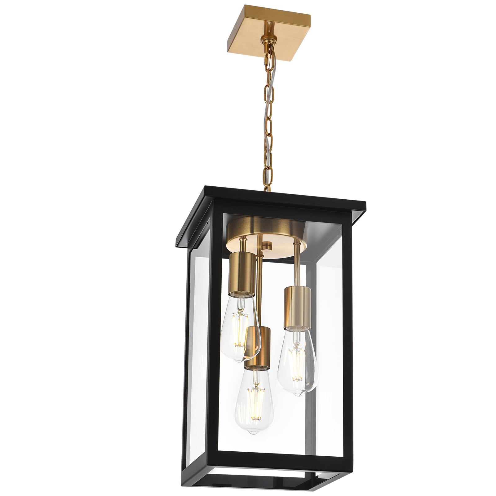 Todoluz Outdoor Pendant Light Fixtures, 3-Lights Exterior Hanging Lantern, Black Large Outdoor Hanging Porch Light With Clear Glass Shade