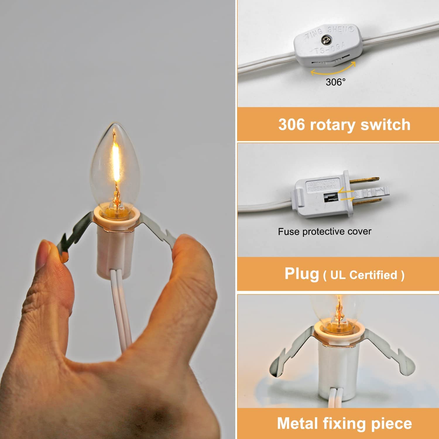 Kgc Led Accessory Cord With 3 Led Night Light Bulbs, White Cord With On/Off Switch Plugs - C7 Led Bulb Warm White With Spare Fuse For Holiday Decoration And Craft Village House Decoration 1 Pack