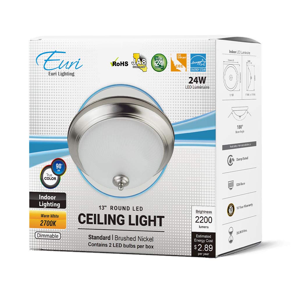 Euri Lighting Ceiling Light LED 24W Dimmable 2200 Lumen Brushed Nickel 13in x 5in Modern Bathroom Fixture Model EIN-CL46BN-2020cec