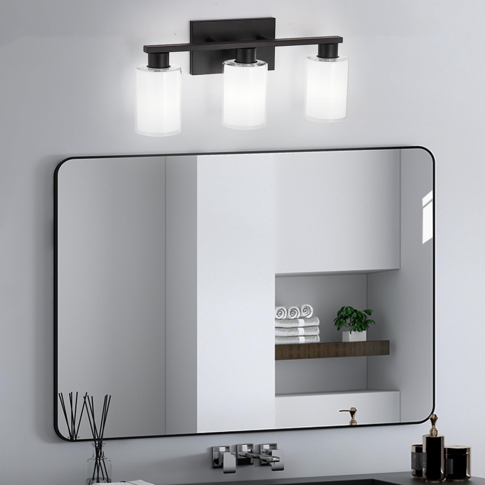 Punsoko Black Bathroom Light Fixtures, Anti-Rust 3 Light Bathroom Vanity Lights, Modern Vanity Light Over Mirror With Frosted Glass And Clear Glass Shade, E26 Base Vanity Lighting