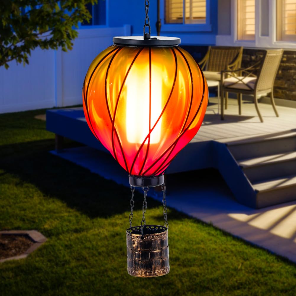Yelenew Colorful Solar Hot Air Balloon Lantern With Flame Flickering,Garden Decor Glass Hot Air Balloon Solar Lantern Outdoor Wa