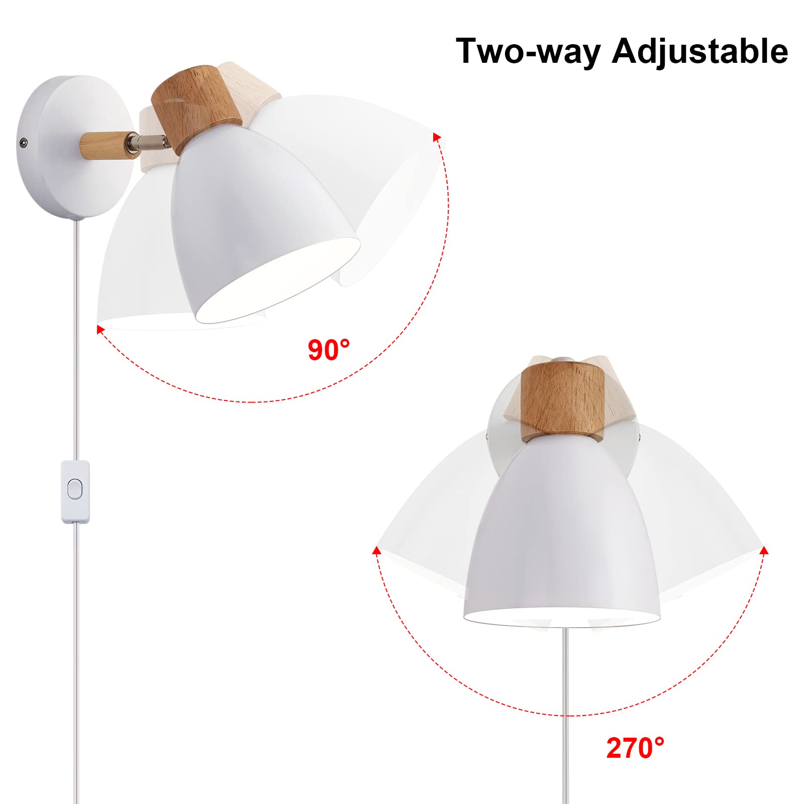 Eyooer Wall Sconces Plug In, Swing Arm Wall Lamp With Power Cord, White Plug In Wall Lighting Fixtures Set Of Two, Bedside Wall Mounted Reading Lamp With Switch, For Bedside Bedroom Hallway
