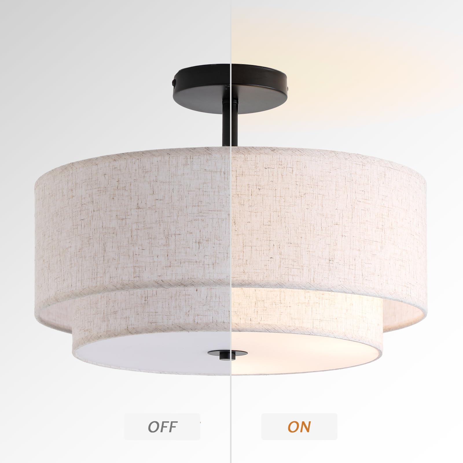 CALOKES 16" Double Drum 3-Light Semi Flush Mount Ceiling Light, Black Fabric Shade, ICL-BD-001 for Living Room, Bedroom, Kitchen, Dining Room