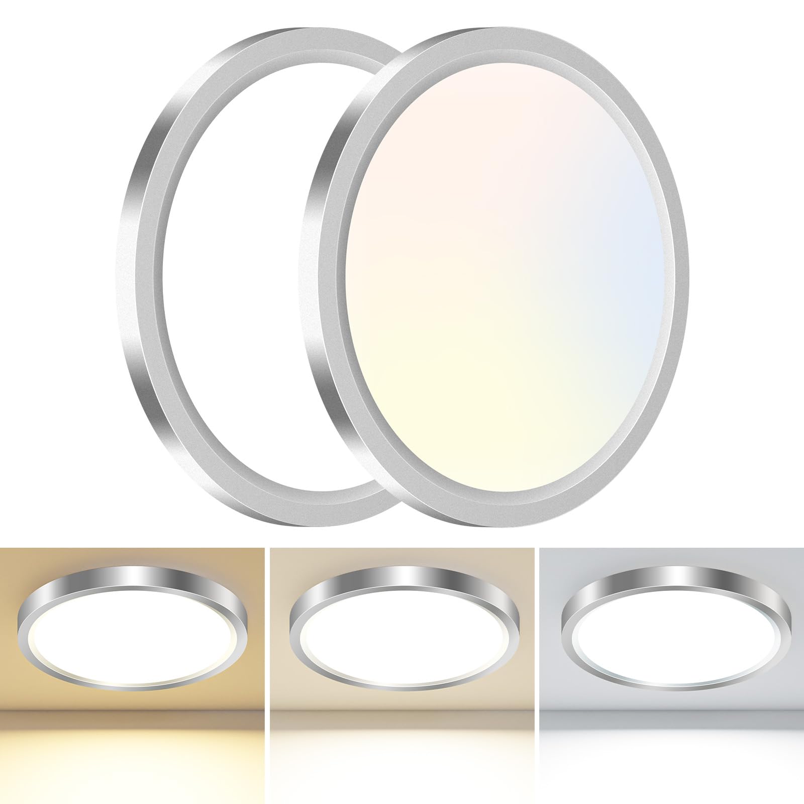 hepside 2PACK LED Flush Mount Ceiling Light - 3CCT Selectable 3000K-4000K-6500K & 100W Equivalent Modern Kitchen Recessed Ceiling Lamp 24W 3200Lm 12 Inch for Bathroom Closet Laundry Bedroom Hallway