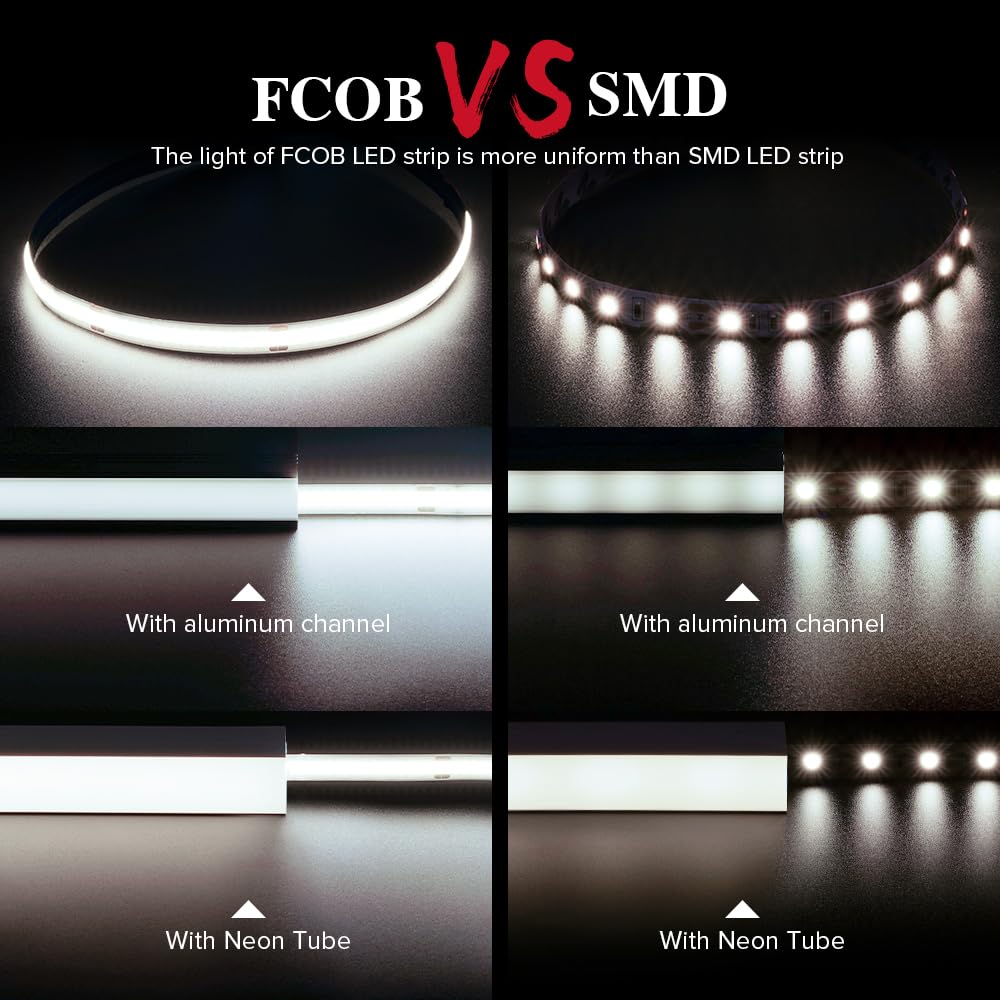 BTF-LIGHTING FCOB COB LED Strip 9W/m 16.4FT DC24V Natural White 4000K Dimmable 8mm Width