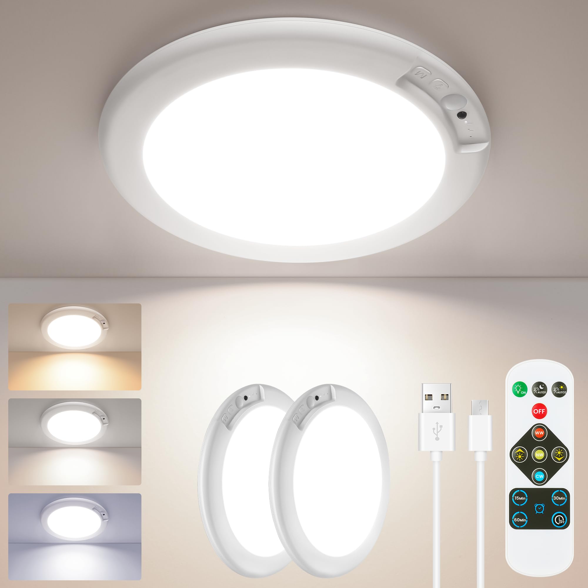 Sunrider 2Pack Rechargeable Motion Sensor Led Ceiling Light With Remote, 3Cct Cordless Closet Lights Battery Operated For Shower